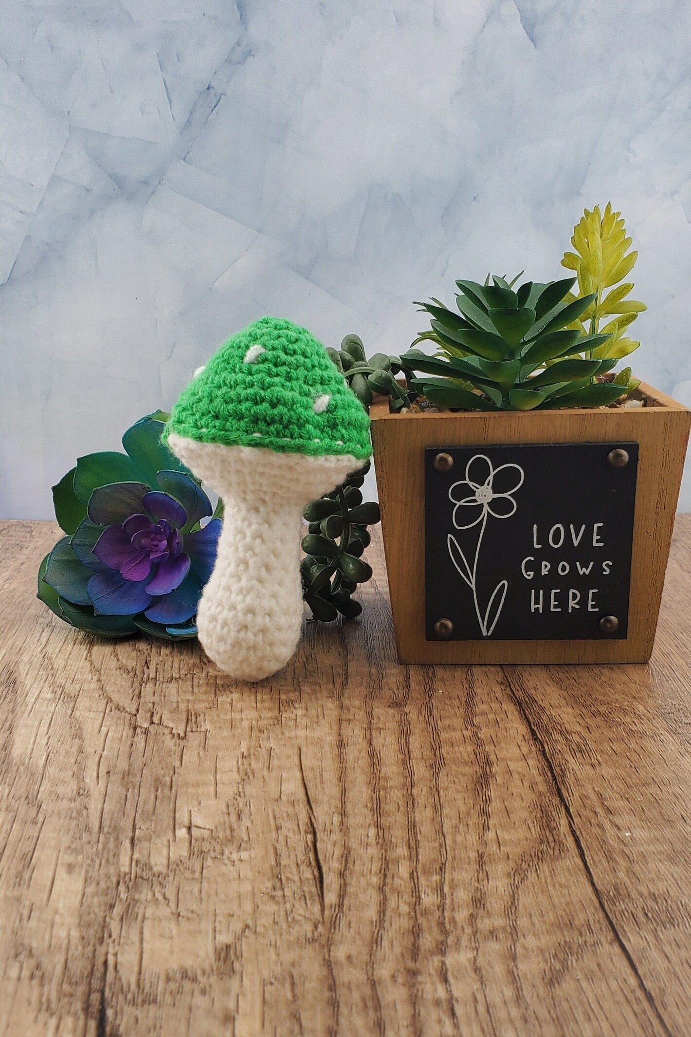 Handcrafted crocheted mushroom buddy named Miles. White and green mushroom with white spots.