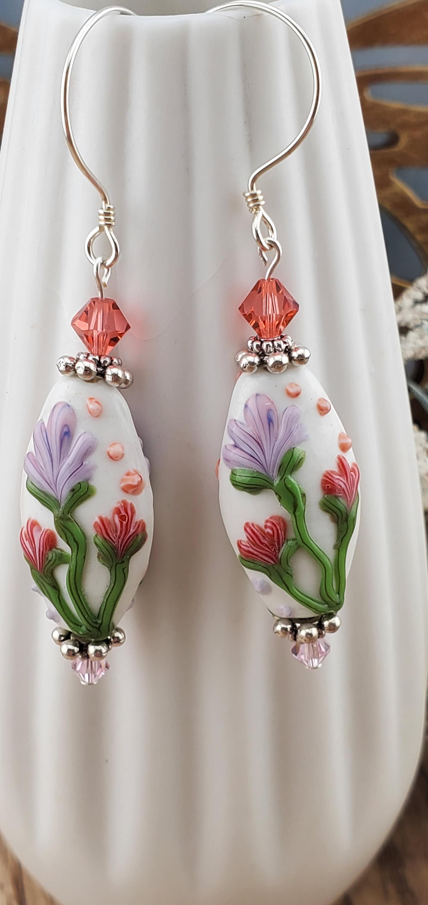 SF Love Blooms Artisan Glass Earrings, Silver Filled Earring Wire. Purple and Pink Flowers are abloom in these earrings.