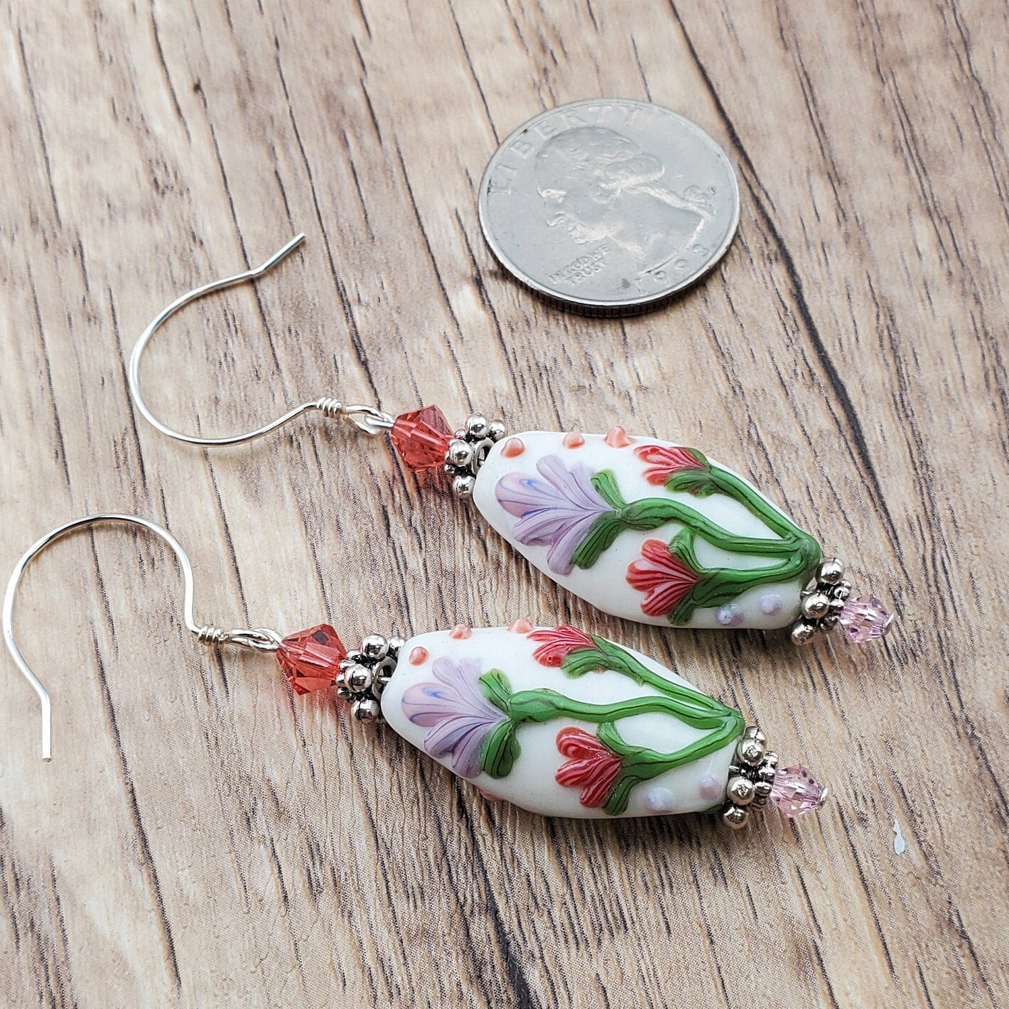 SF Love Blooms Artisan Glass Earrings, Silver Filled Earring Wire. Purple and Pink Flowers are abloom in these earrings.