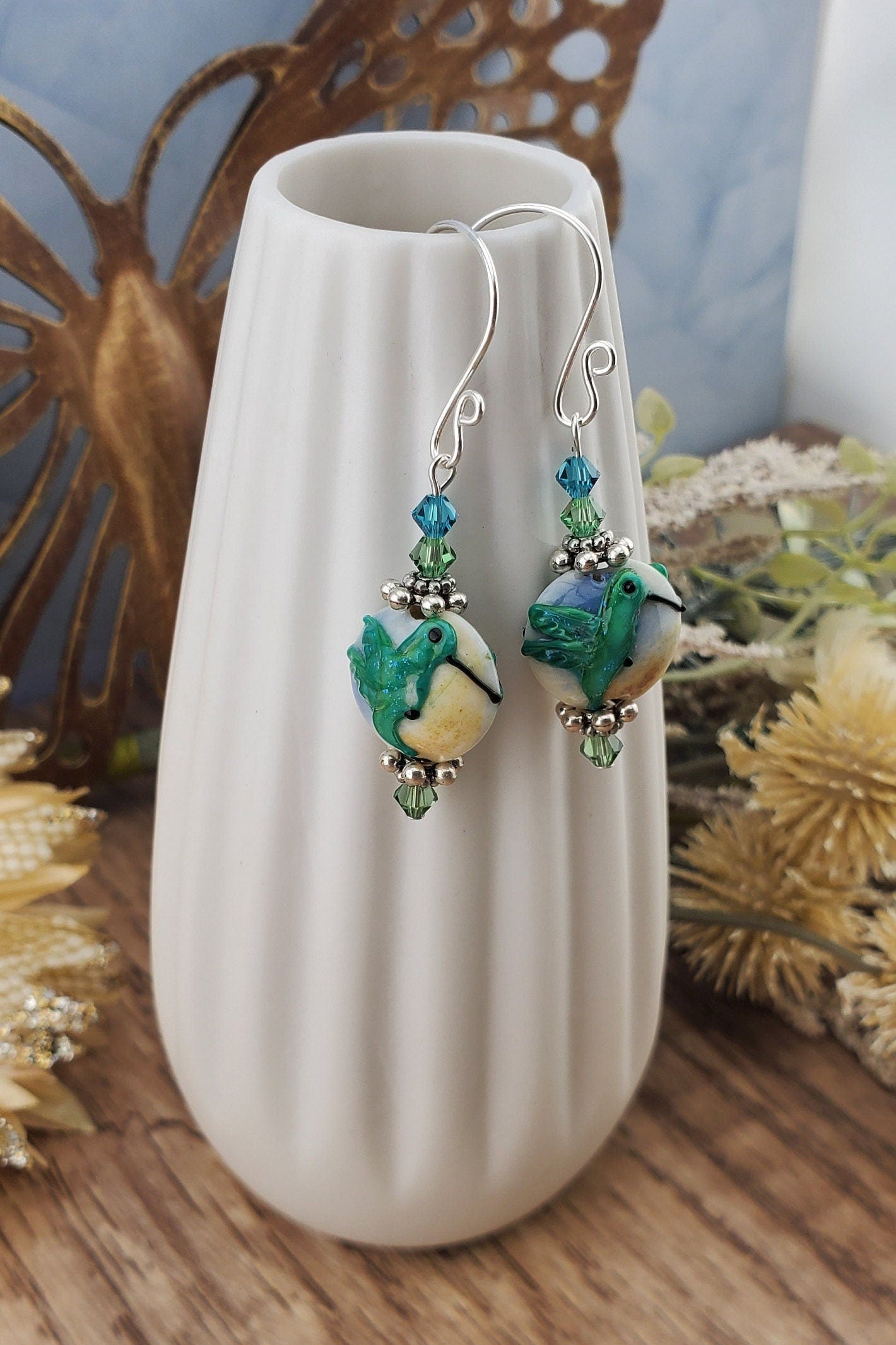 SF Hummingbird in Flight Artisan Glass Earrings, Lampwork Glass Bead handcrafted by a talented artisan, Silver Filled Earring Wire