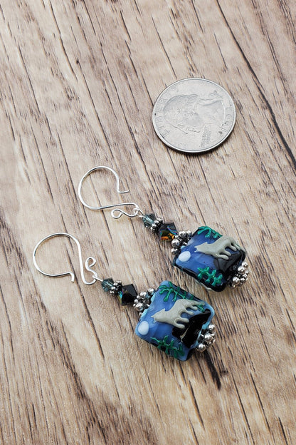 SF Twilight Serenade Artisan Glass Earrings, Lampwork Glass Bead handcrafted by a talented artisan, Silver Filled Earring Wire