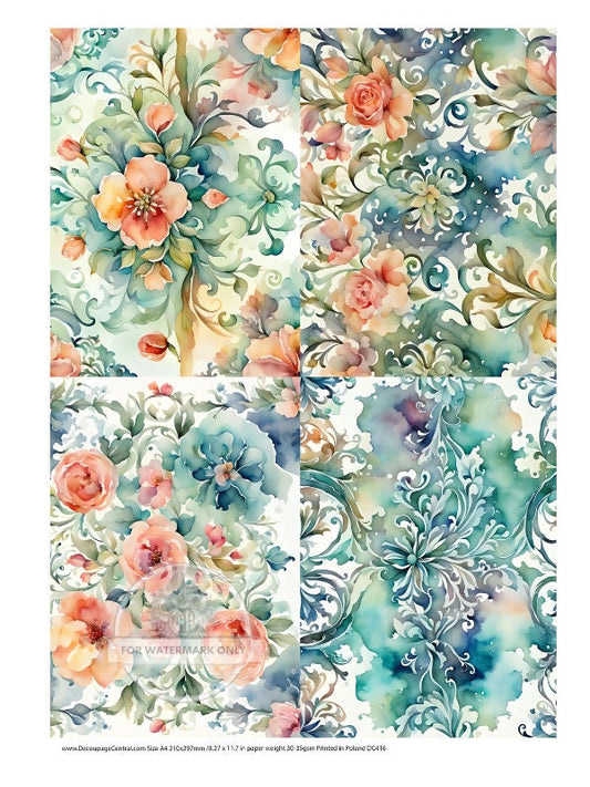 A4 Floral Quad Decoupage Rice Paper