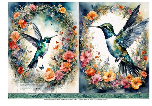 A4 Hummingbird in Floral Wreath Rice Paper