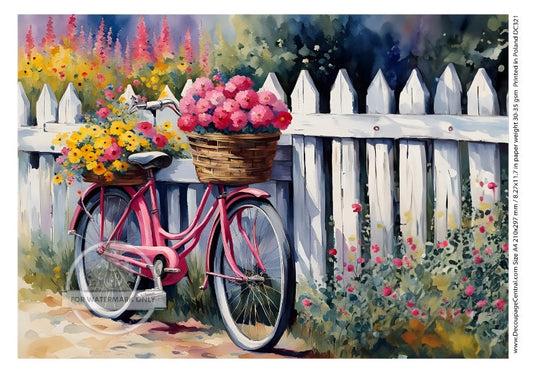 A4 Pink Bicycle and Flowers Rice Paper