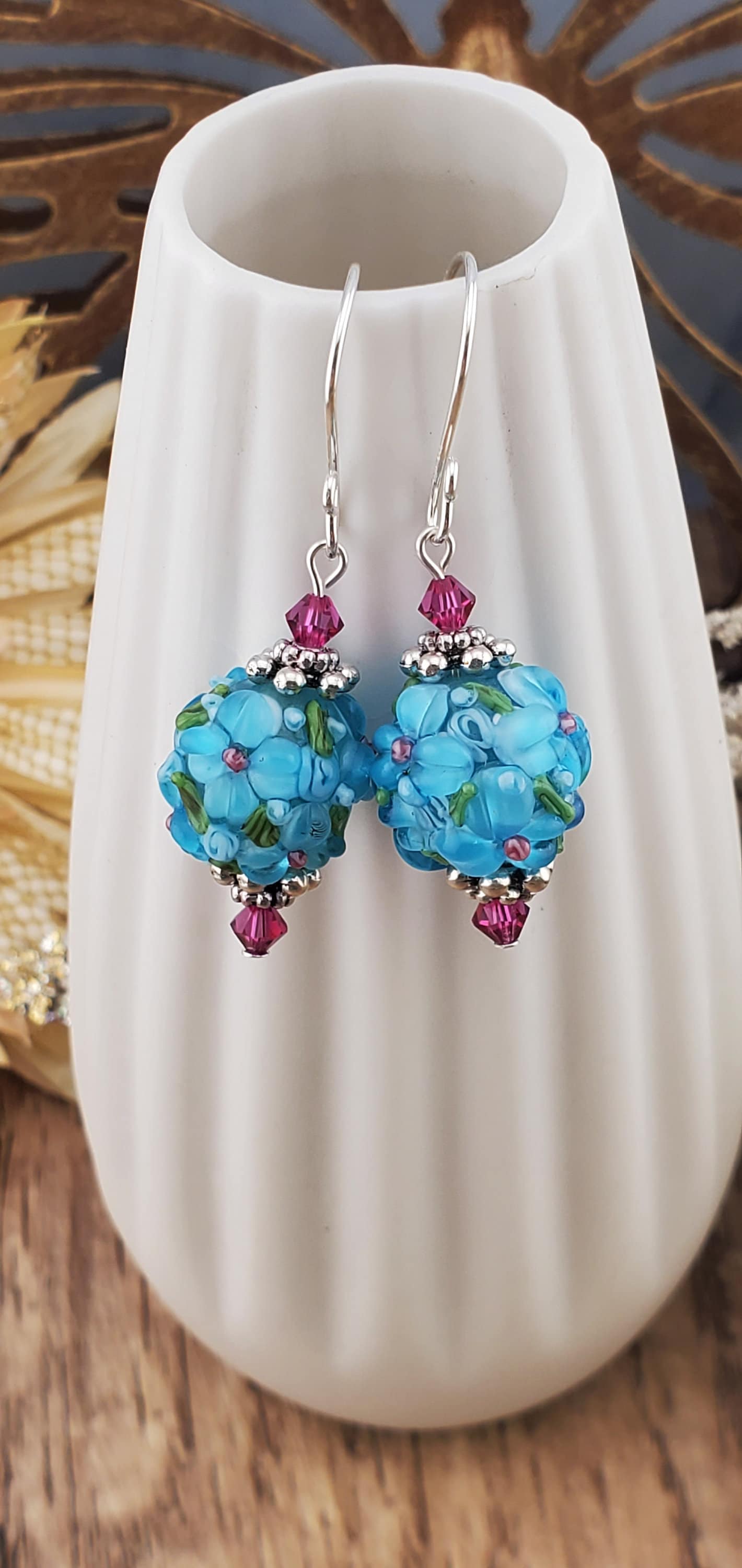 Garden Grace Artisan Glass Earrings, Lampwork Glass Bead handcrafted by a talented artisan, Silver Filled Earring Wire