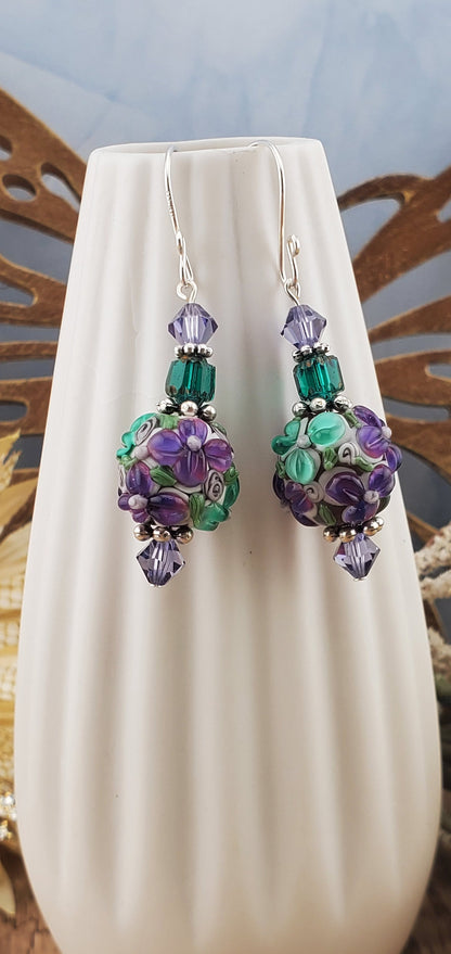 Spring Sparkles Artisan Glass Earrings, Lampwork Glass Bead handcrafted by a talented artisan, Silver Filled Earring Wire