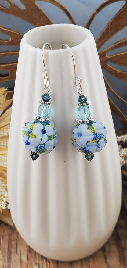 Blooming Beauties Artisan Glass Earrings, Lampwork Glass Bead handcrafted by a talented artisan, Silver Filled Earring Wire