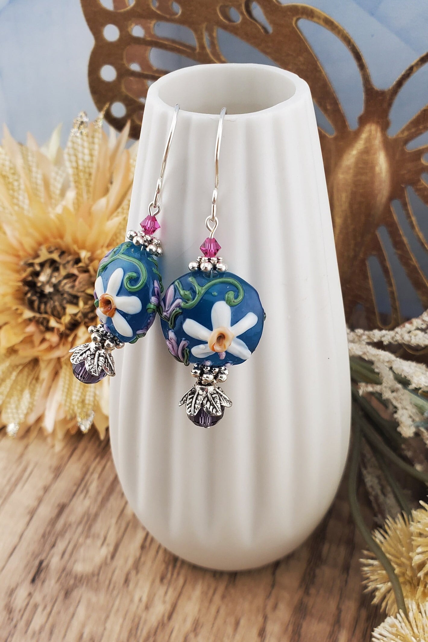 Petal Perfection Artisan Glass Earrings, Lampwork Glass Bead handcrafted by a talented artisan, Silver Filled Earring Wire