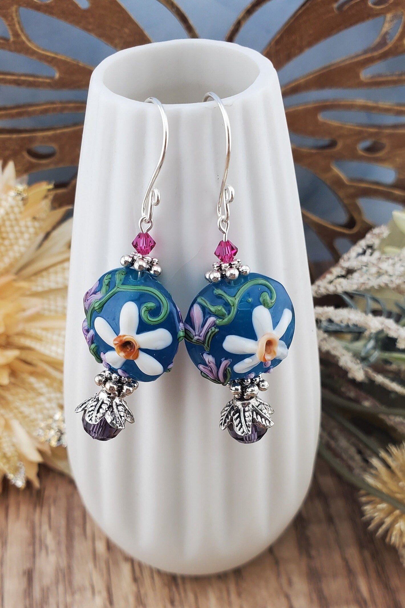 Petal Perfection Artisan Glass Earrings, Lampwork Glass Bead handcrafted by a talented artisan, Silver Filled Earring Wire