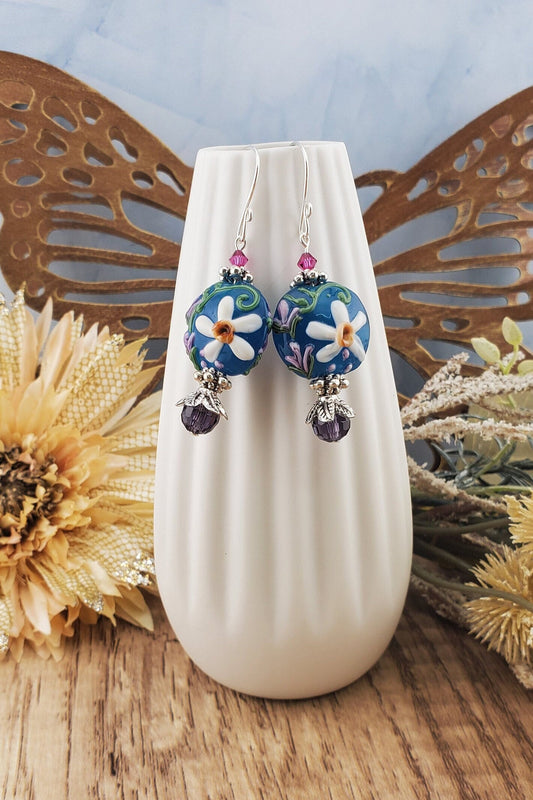 Petal Perfection Artisan Glass Earrings, Lampwork Glass Bead handcrafted by a talented artisan, Silver Filled Earring Wire