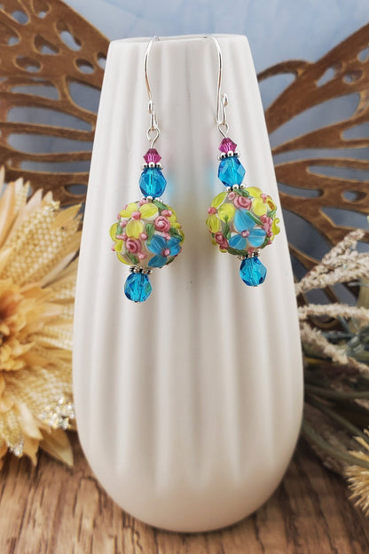 Floral Fantasy Artisan Glass Earrings, Lampwork Glass Bead handcrafted by a talented artisan, Silver Filled Earring Wire