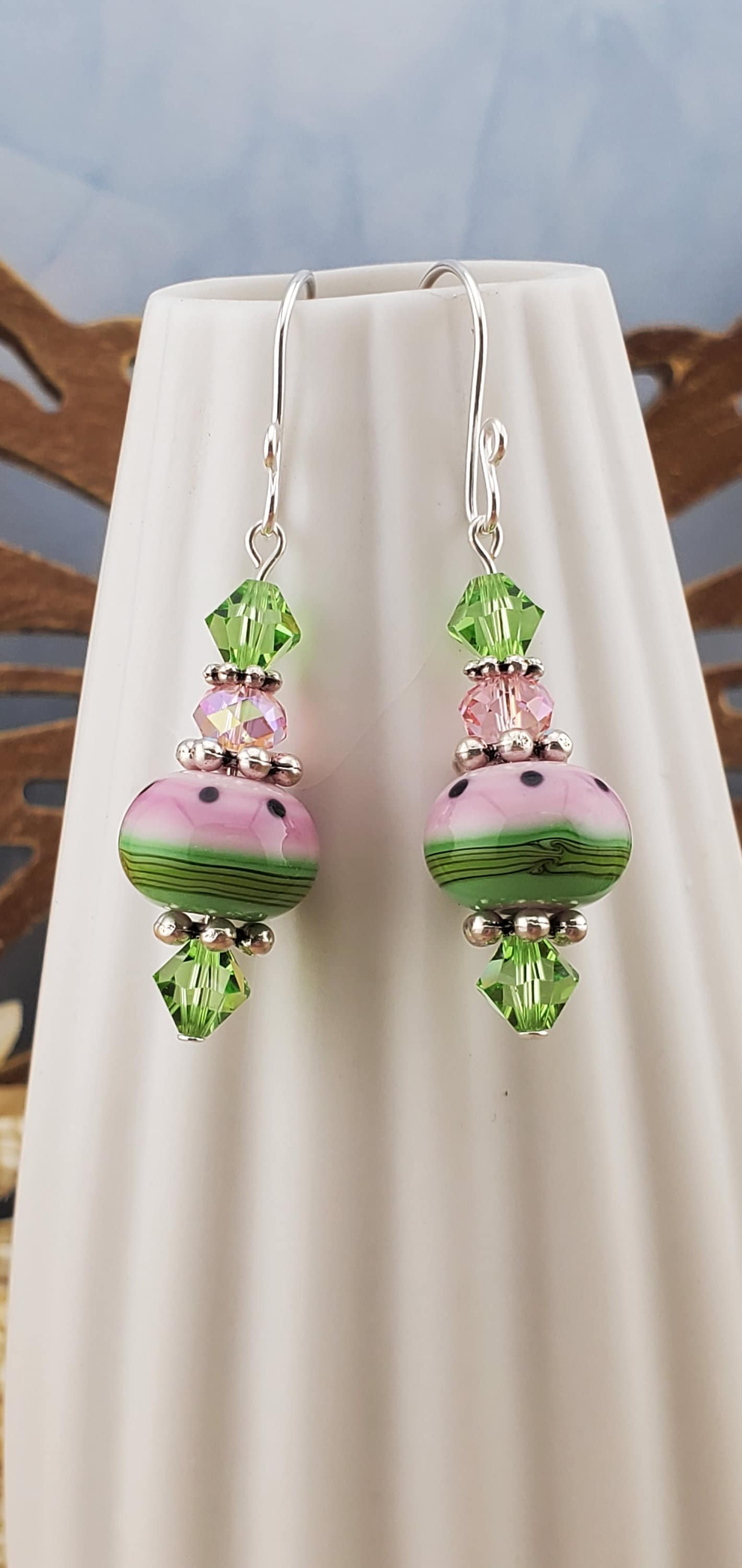 Summer Slice Artisan Glass Earrings, Lampwork Glass Bead handcrafted by a talented artisan, Silver Filled Earring Wire