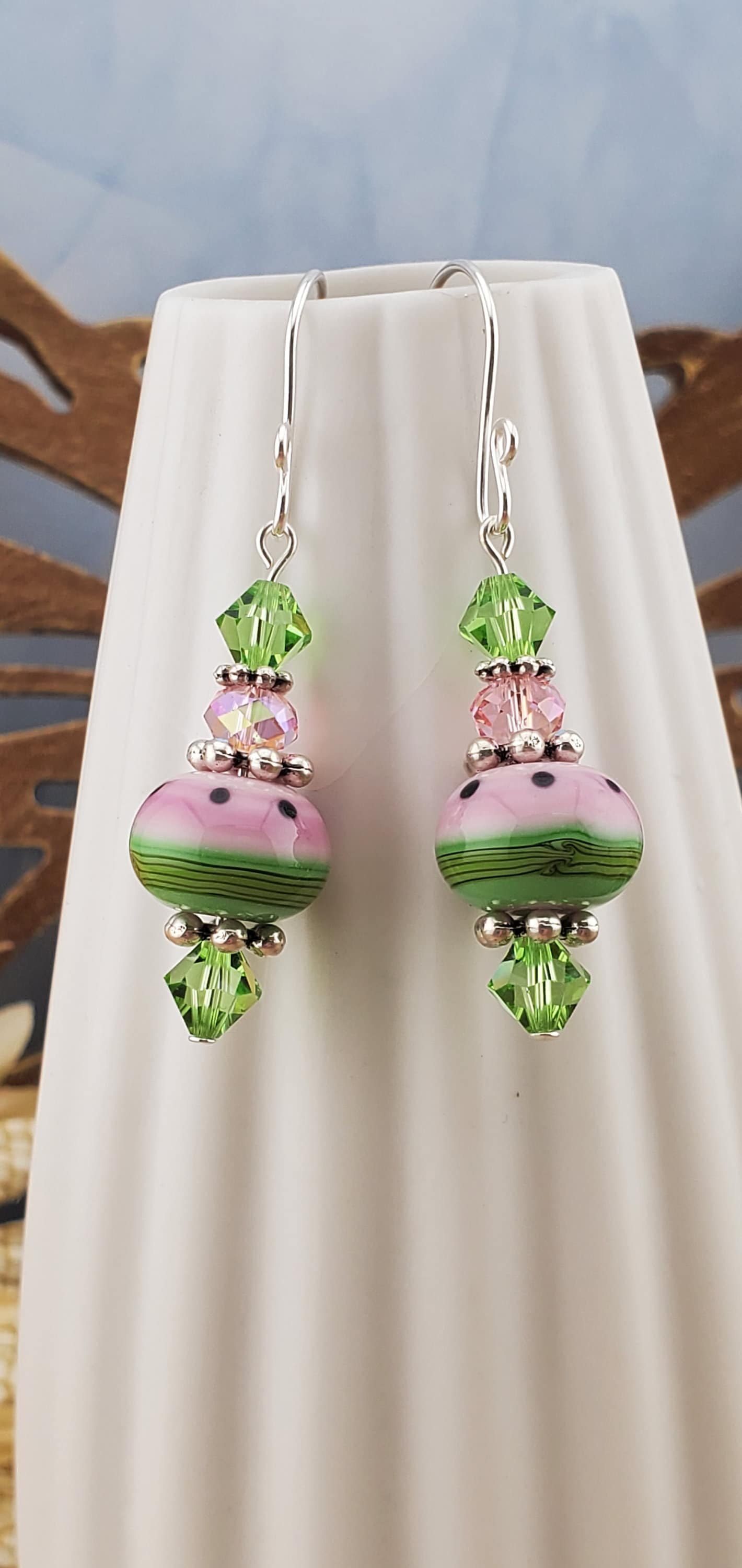 Summer Slice Artisan Glass Earrings, Lampwork Glass Bead handcrafted by a talented artisan, Silver Filled Earring Wire