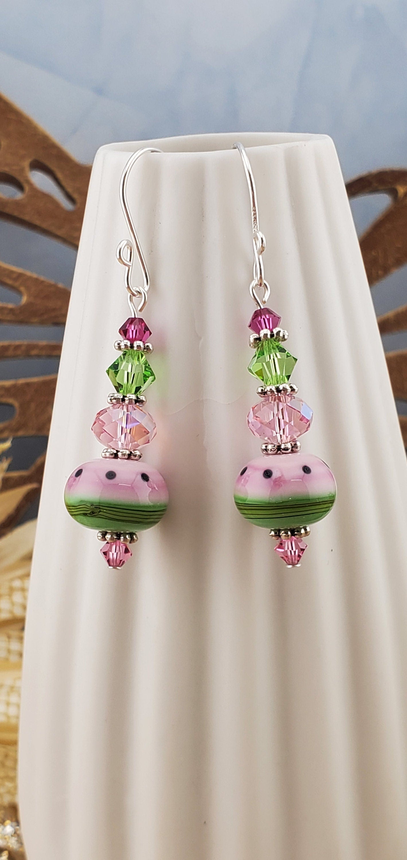 Watermelon Bliss Artisan Glass Earrings, Lampwork Glass Bead handcrafted by a talented artisan, Silver Filled Earring Wire