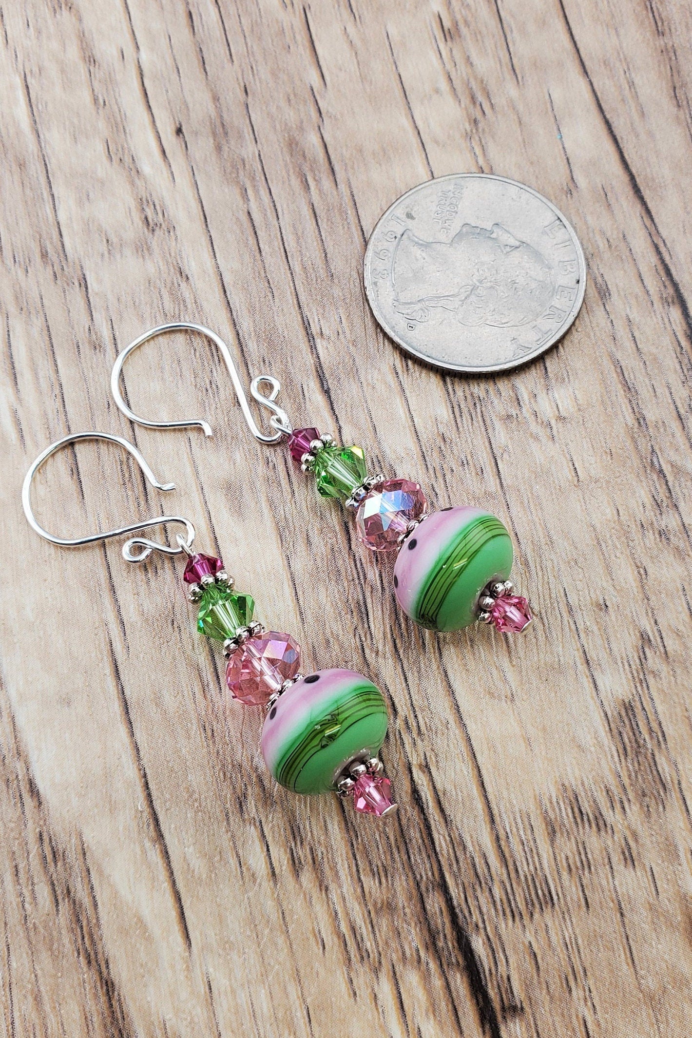 Watermelon Bliss Artisan Glass Earrings, Lampwork Glass Bead handcrafted by a talented artisan, Silver Filled Earring Wire