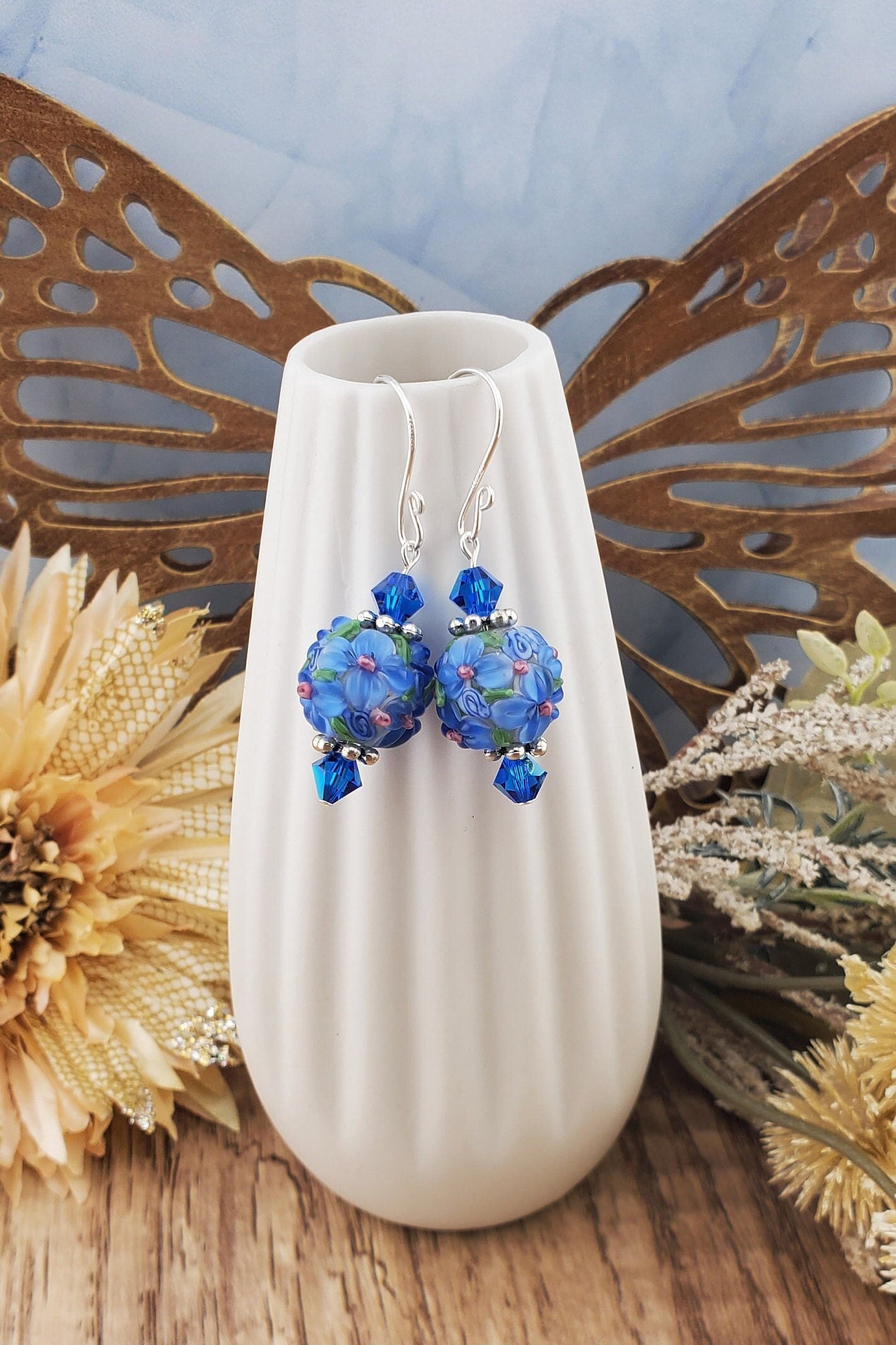 Blossom Bliss Artisan Glass Earrings, Lampwork Glass Bead handcrafted by a talented artisan, Silver Filled Earring Wire