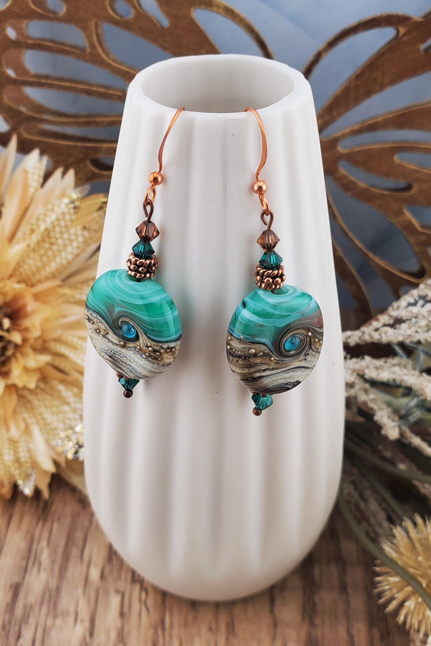 Seaside Serenade Artisan Glass Earrings, Copper Earring Wire