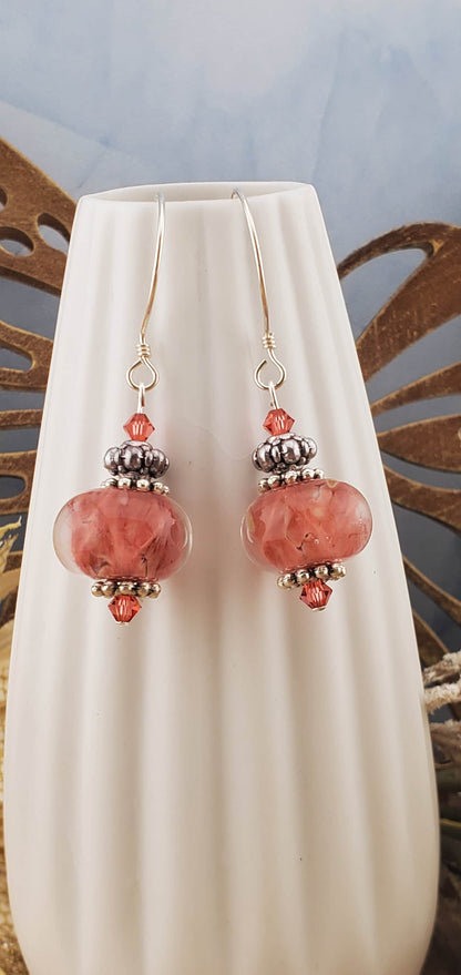 Coral Cloud Artisan Glass Earrings, Lampwork Glass Bead handcrafted by a talented artisan, Sterling Silver Earring Wire