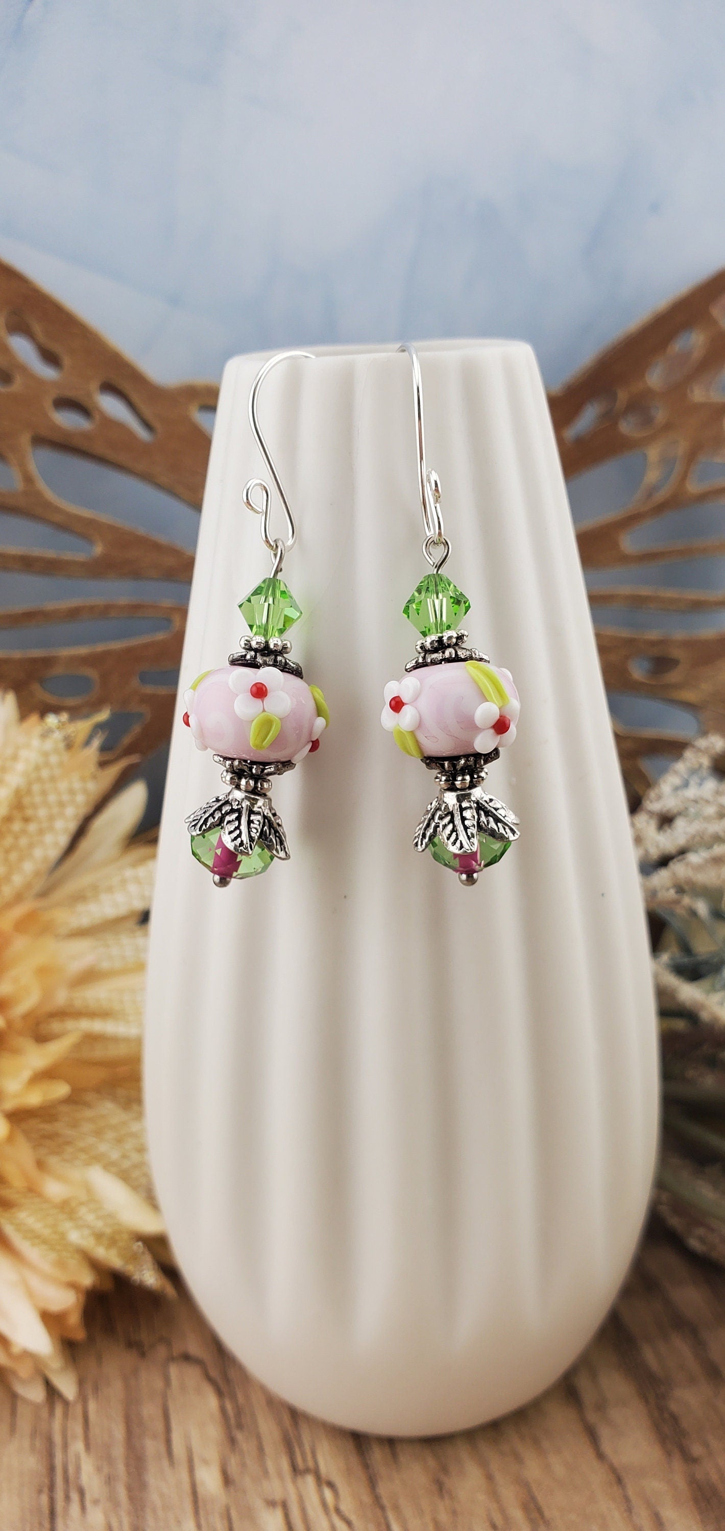 Rosey Glow Artisan Glass Earrings, Lampwork Glass Bead by a talented artisan, Silver Filled Earring Wire