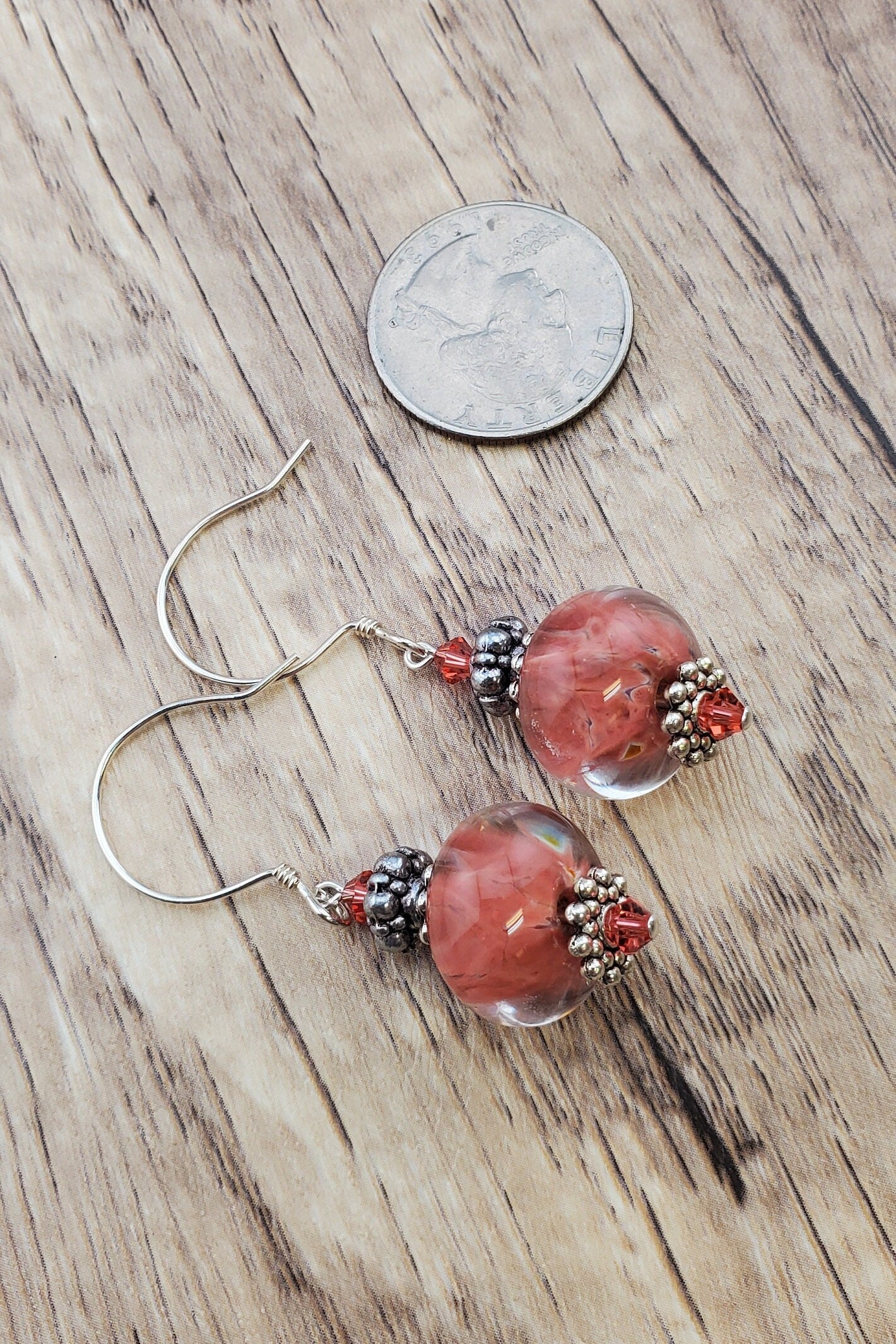 Coral Cloud Artisan Glass Earrings, Lampwork Glass Bead handcrafted by a talented artisan, Sterling Silver Earring Wire