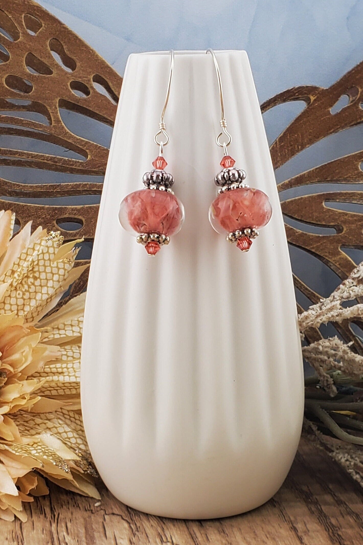 Coral Cloud Artisan Glass Earrings, Lampwork Glass Bead handcrafted by a talented artisan, Sterling Silver Earring Wire