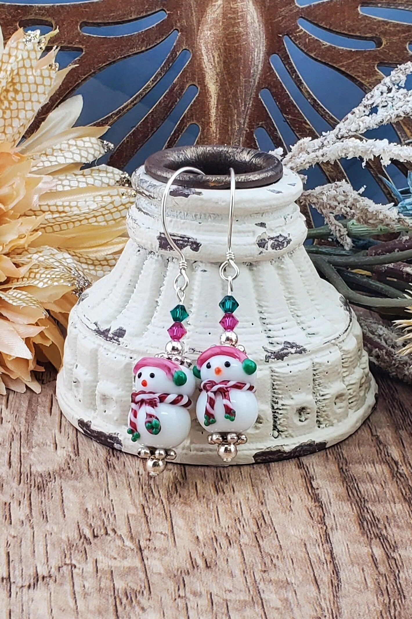 Frosty Elegance Artisan Glass Earrings, Sterling Silver Earring Wire, Snowman with green and pink crystal beads.wearing a scarf