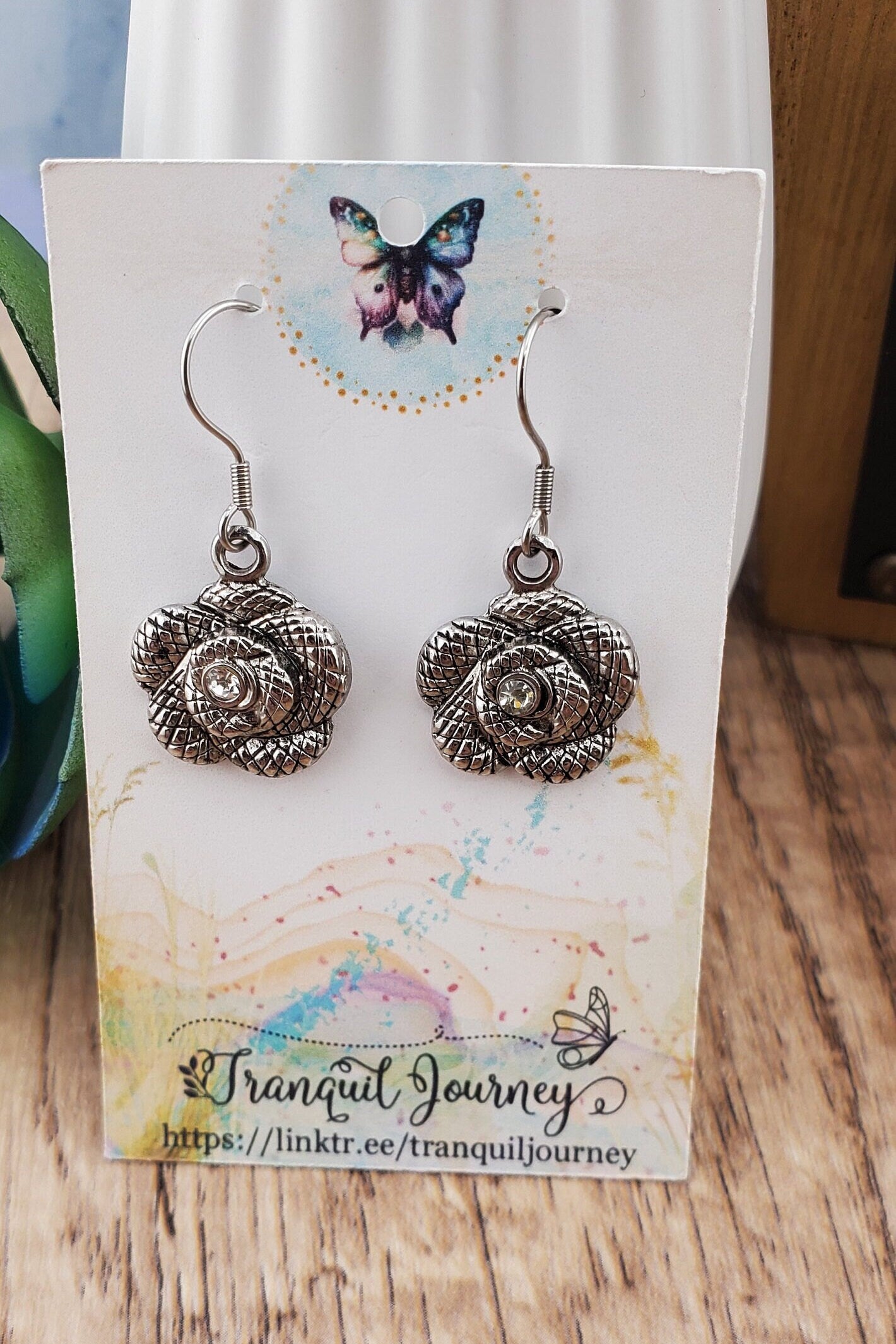 Metal Rose Earrings, Stainless Steel Earring Wire