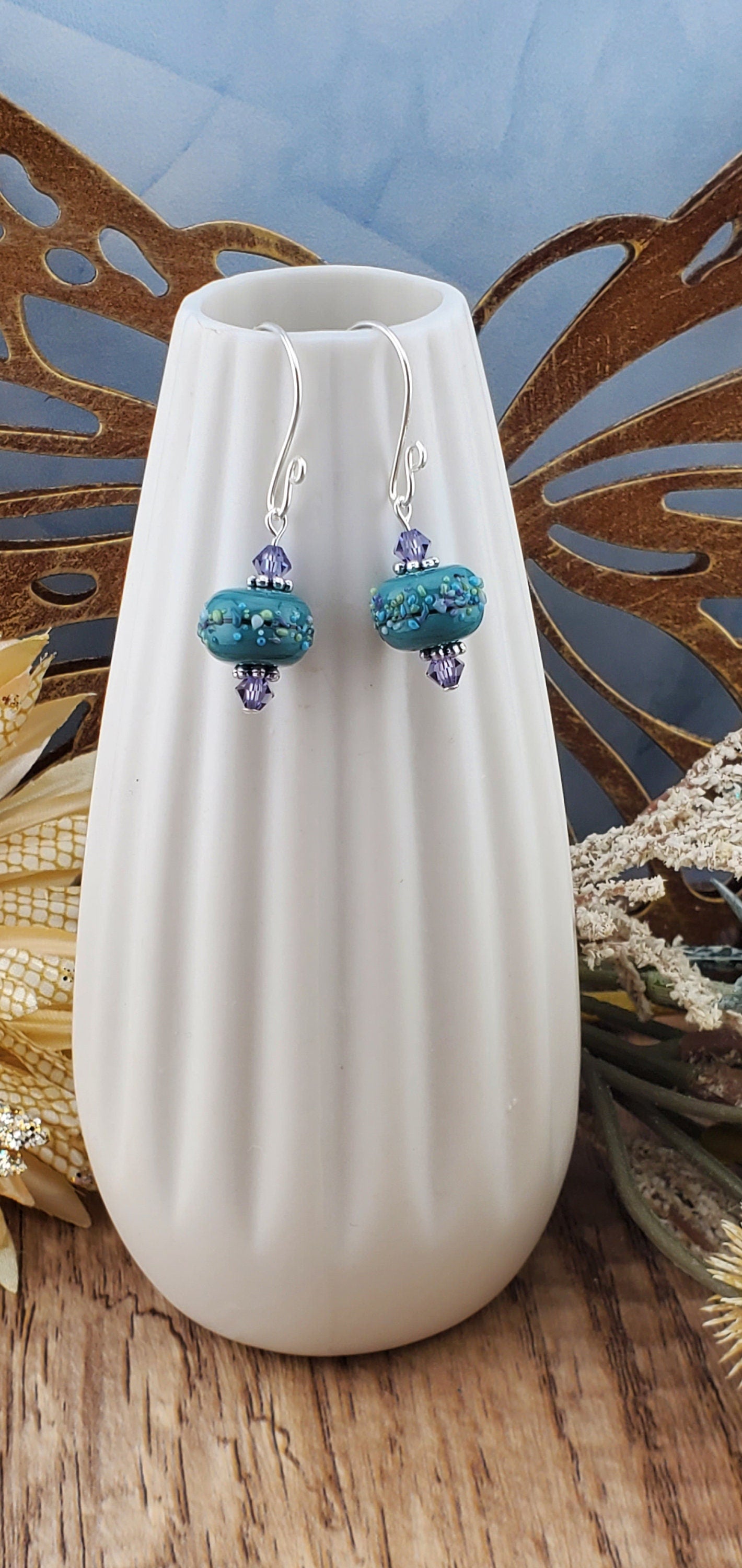 Lavender Bliss Artisan Glass Earrings, Lampwork Glass Bead handcrafted by a talented artisan, Silver Filled Earring Wire. Lavender and Teal Green beads.