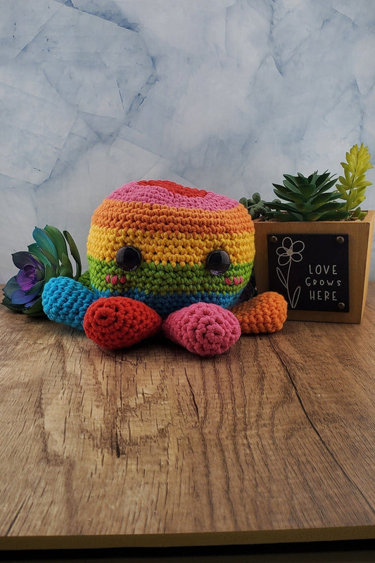 Handcrafted crocheted Multicolored Octopus buddy named Octavian.