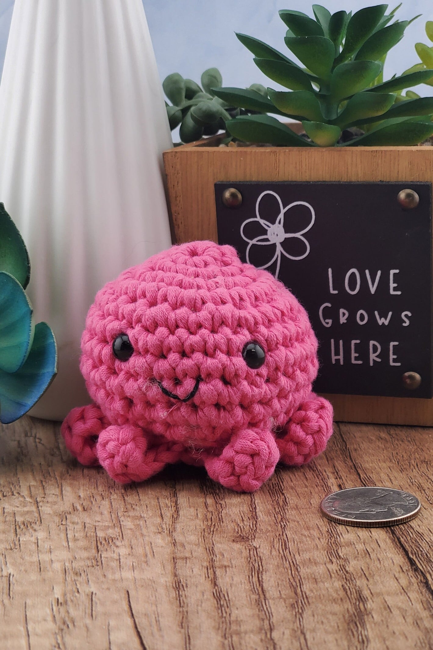Handcrafted crocheted pink Octopus buddy named Ophelia