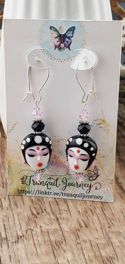 Beautiful Porcelain Face Artisan Glass Earrings, , Silver Filled Kidney Style Earring Wire