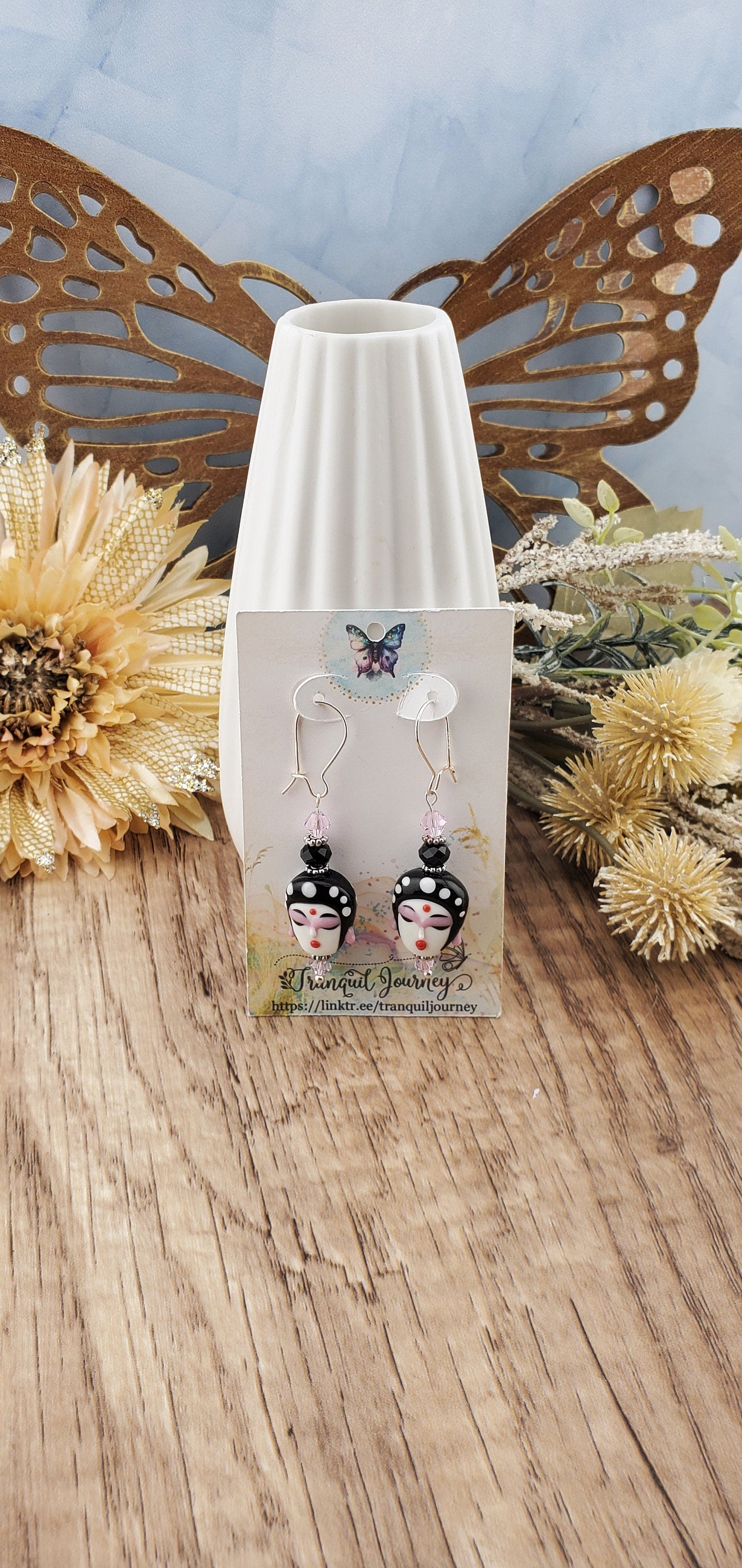 Beautiful Porcelain Face Artisan Glass Earrings, , Silver Filled Kidney Style Earring Wire