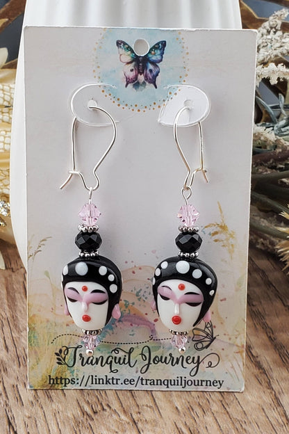 Beautiful Porcelain Face Artisan Glass Earrings, , Silver Filled Kidney Style Earring Wire