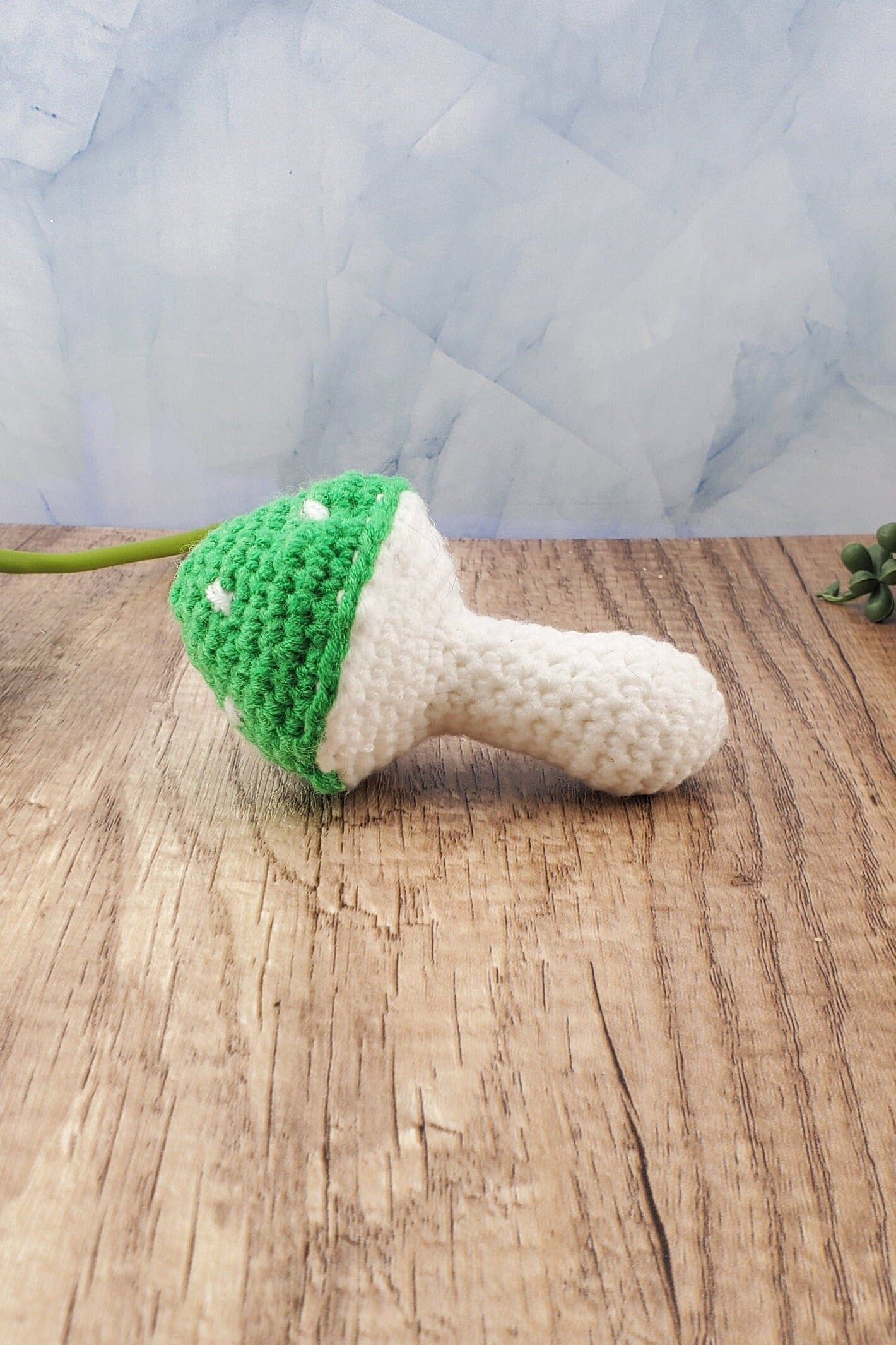 Handcrafted crocheted mushroom buddy named Miles. White and green mushroom with white spots.