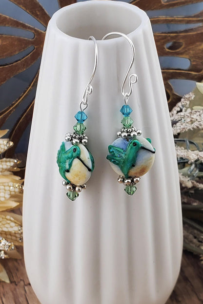 SF Hummingbird in Flight Artisan Glass Earrings, Lampwork Glass Bead handcrafted by a talented artisan, Silver Filled Earring Wire