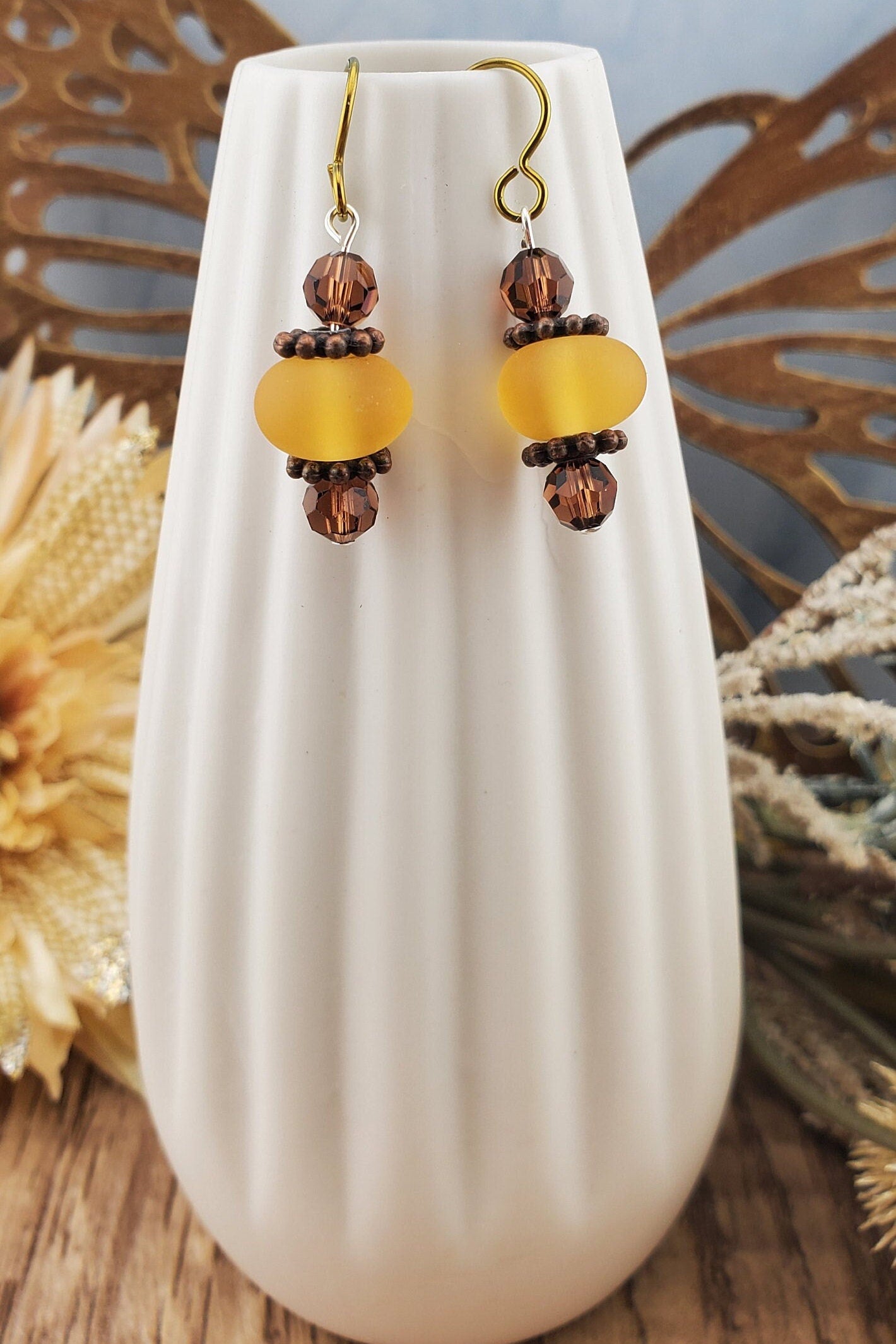 NI Amber Honey Artisan Glass Earrings, Lampwork Glass Bead by a talented artisan, Niobium Earring Wire. Amber and Honey golden beads accented with copper findings.