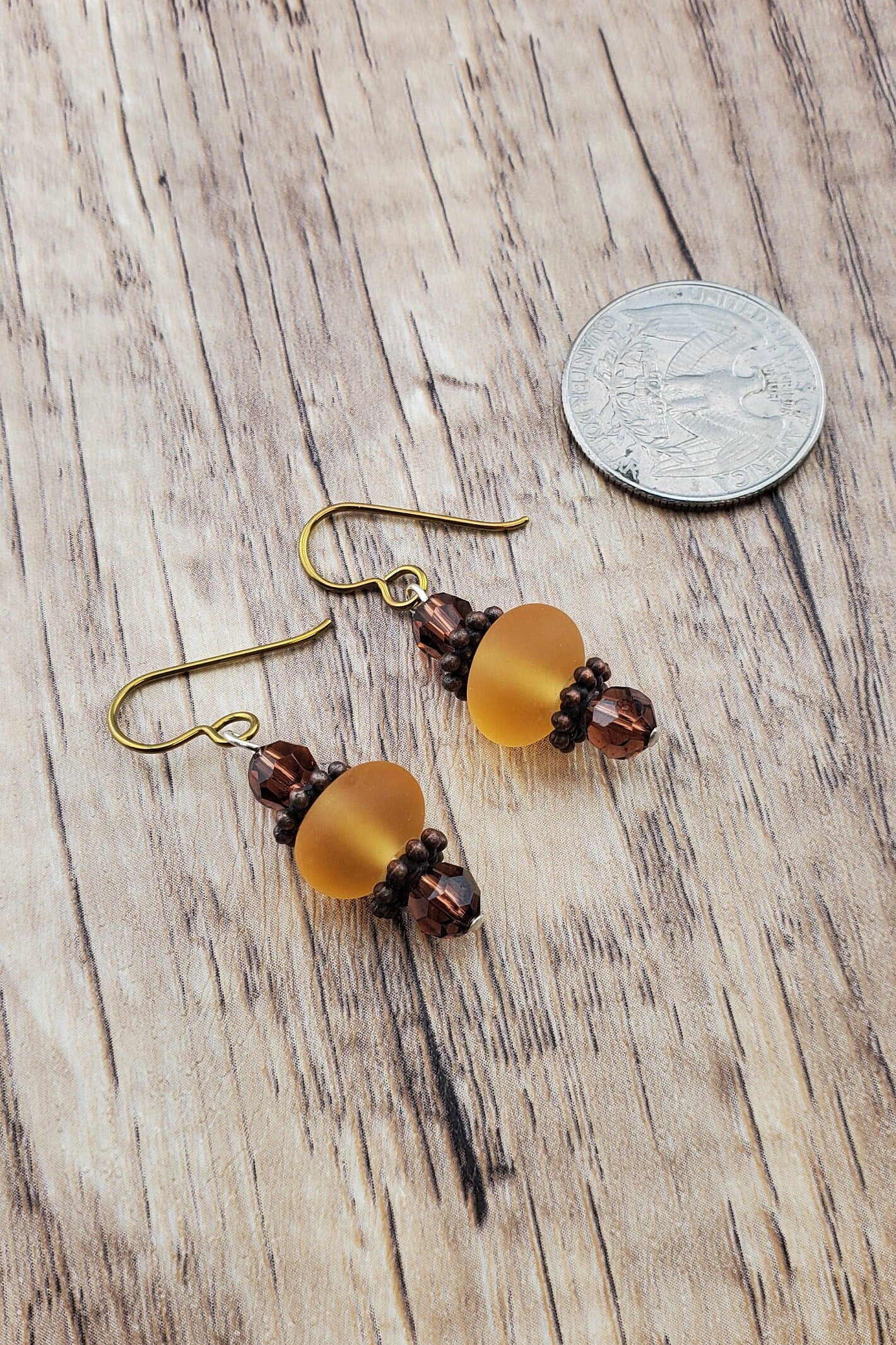 NI Amber Honey Artisan Glass Earrings, Lampwork Glass Bead by a talented artisan, Niobium Earring Wire. Amber and Honey golden beads accented with copper findings.