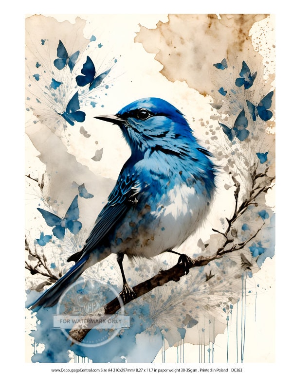 A4 Bluebird with Butterflies Rice Paper