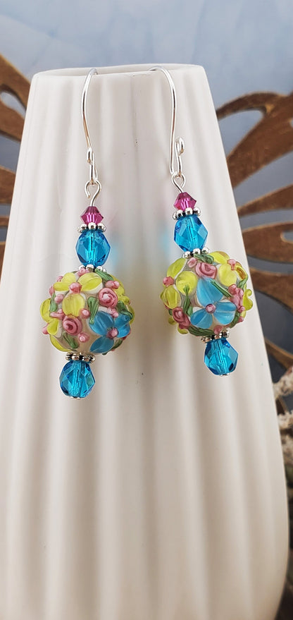 Floral Fantasy Artisan Glass Earrings, Lampwork Glass Bead handcrafted by a talented artisan, Silver Filled Earring Wire