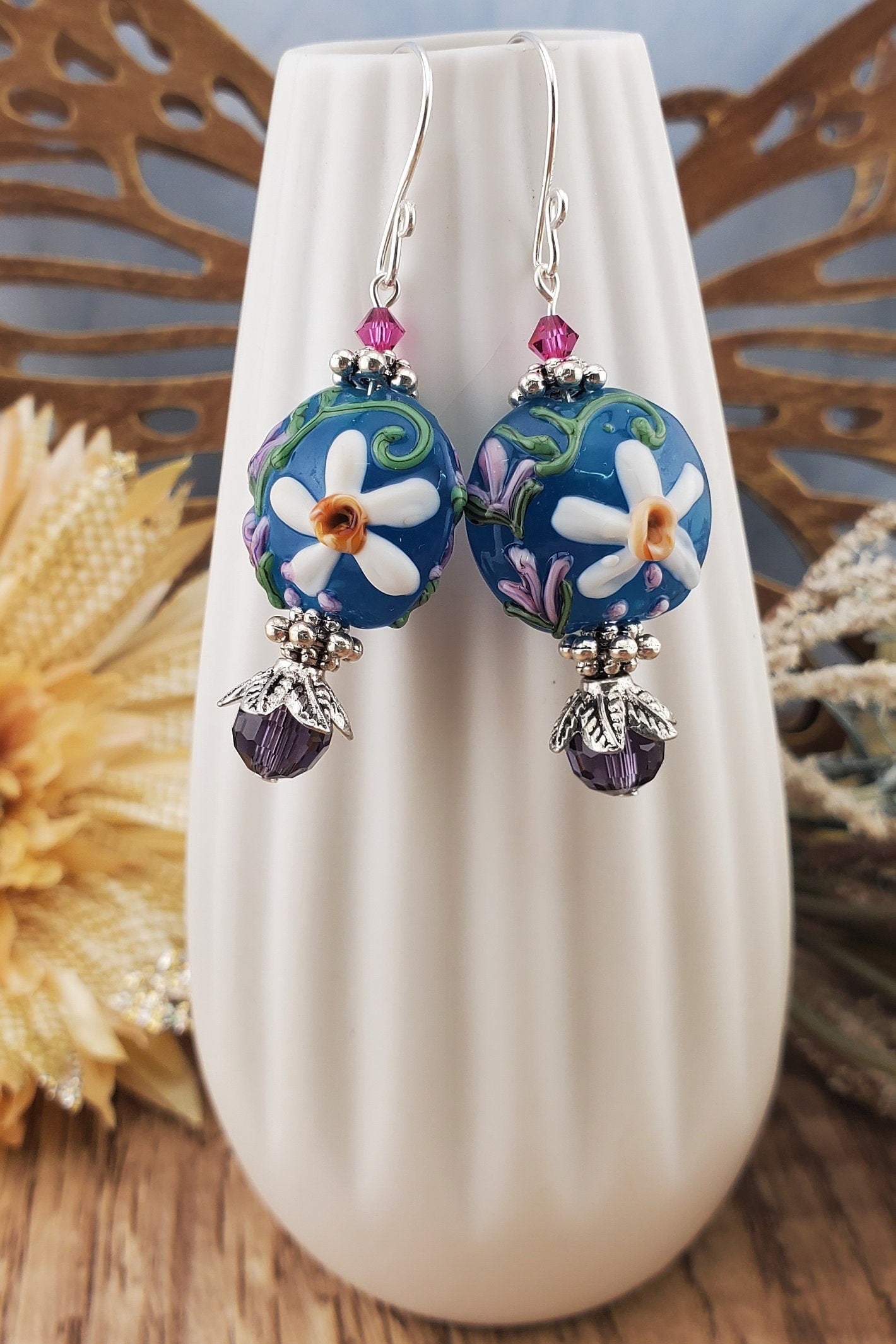 Petal Perfection Artisan Glass Earrings, Lampwork Glass Bead handcrafted by a talented artisan, Silver Filled Earring Wire