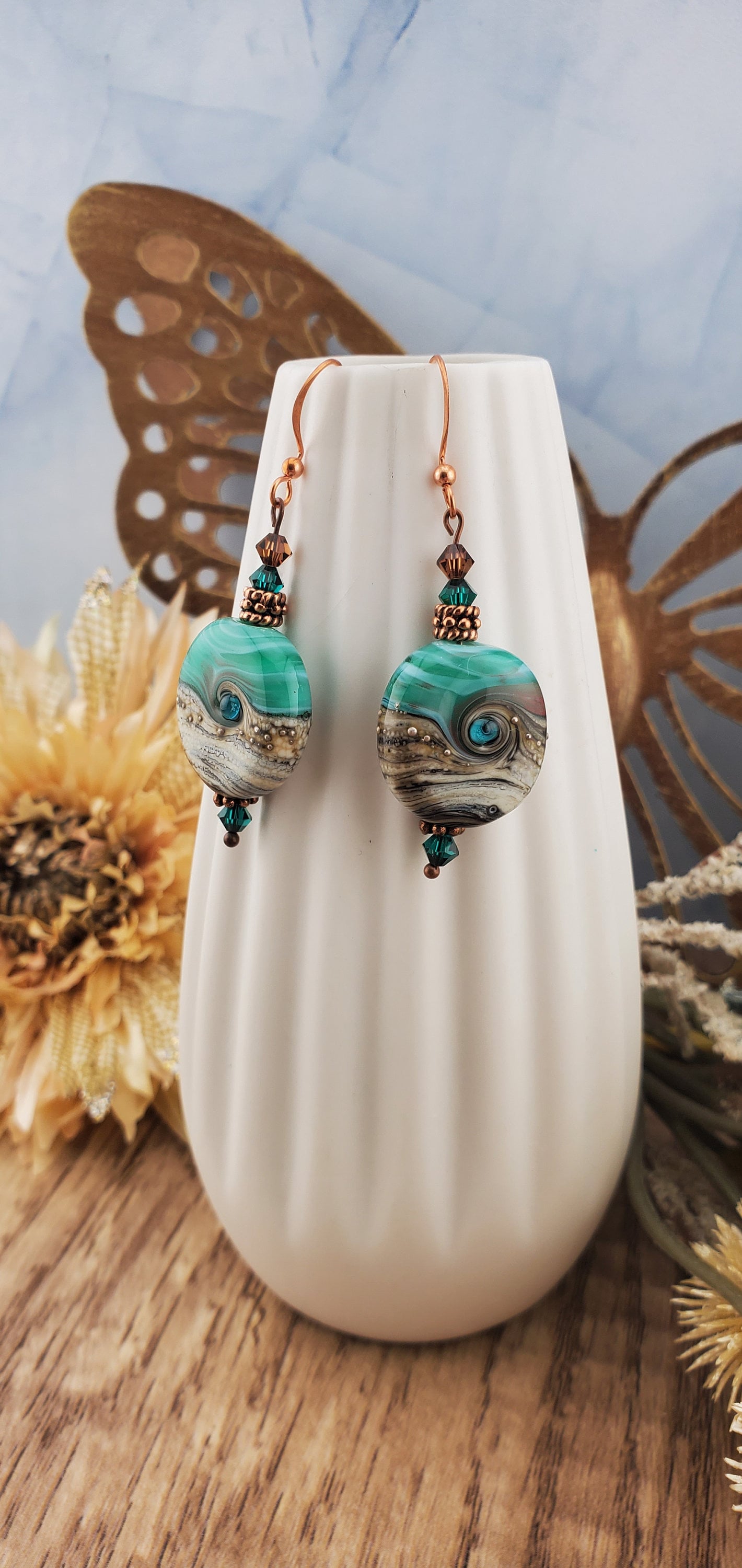 Seaside Serenade Artisan Glass Earrings, Copper Earring Wire