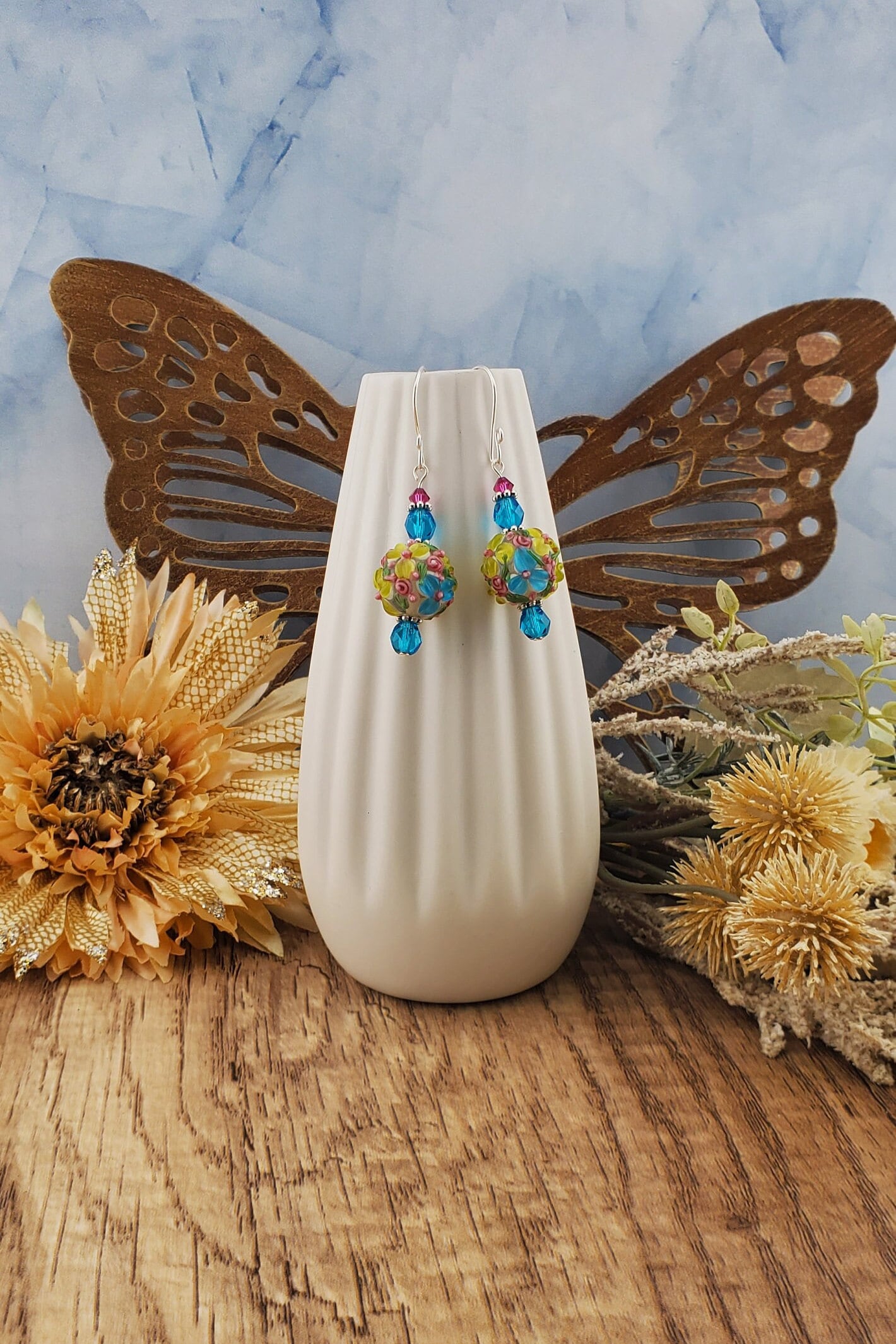 Floral Fantasy Artisan Glass Earrings, Lampwork Glass Bead handcrafted by a talented artisan, Silver Filled Earring Wire