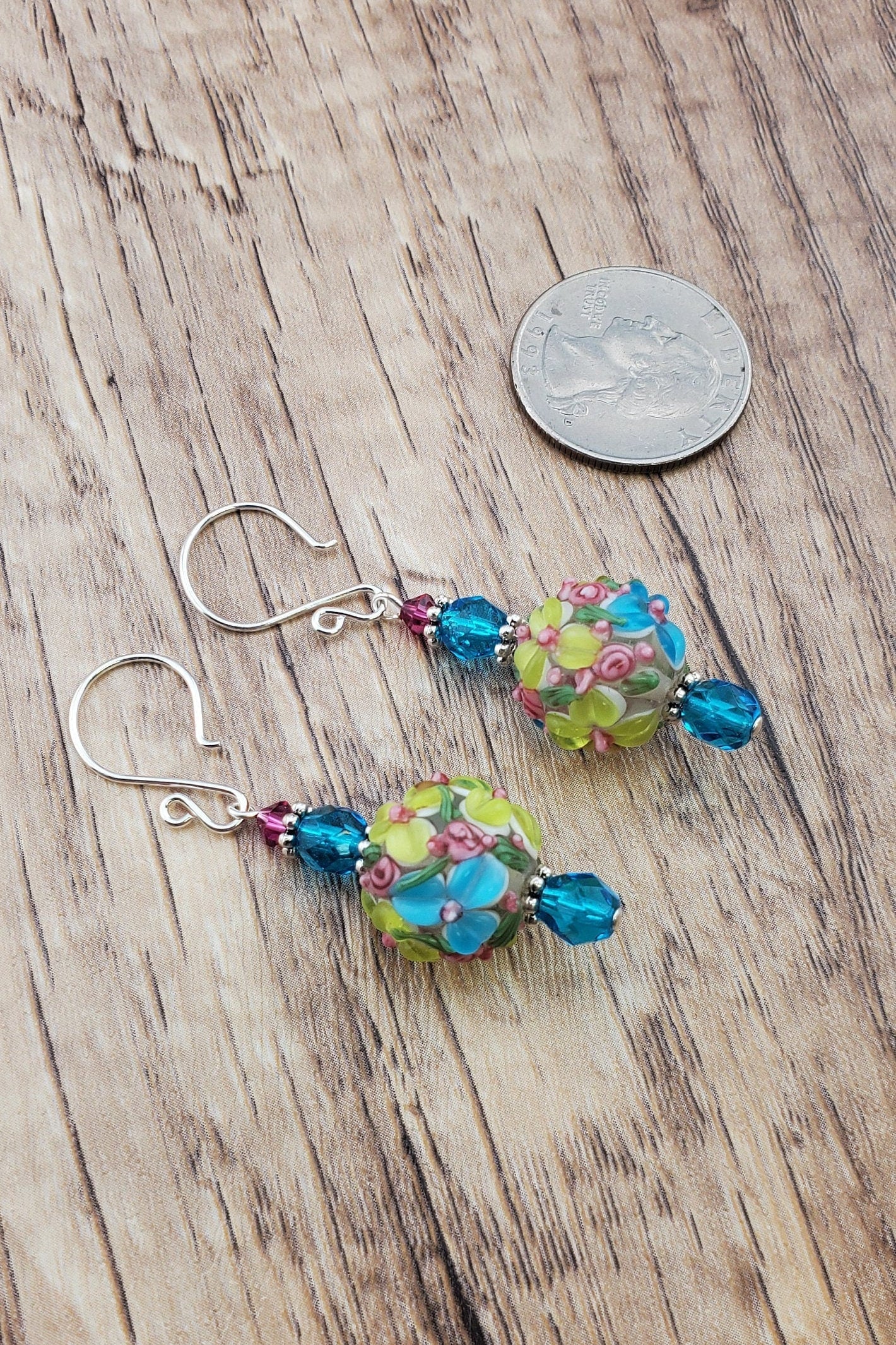 Floral Fantasy Artisan Glass Earrings, Lampwork Glass Bead handcrafted by a talented artisan, Silver Filled Earring Wire