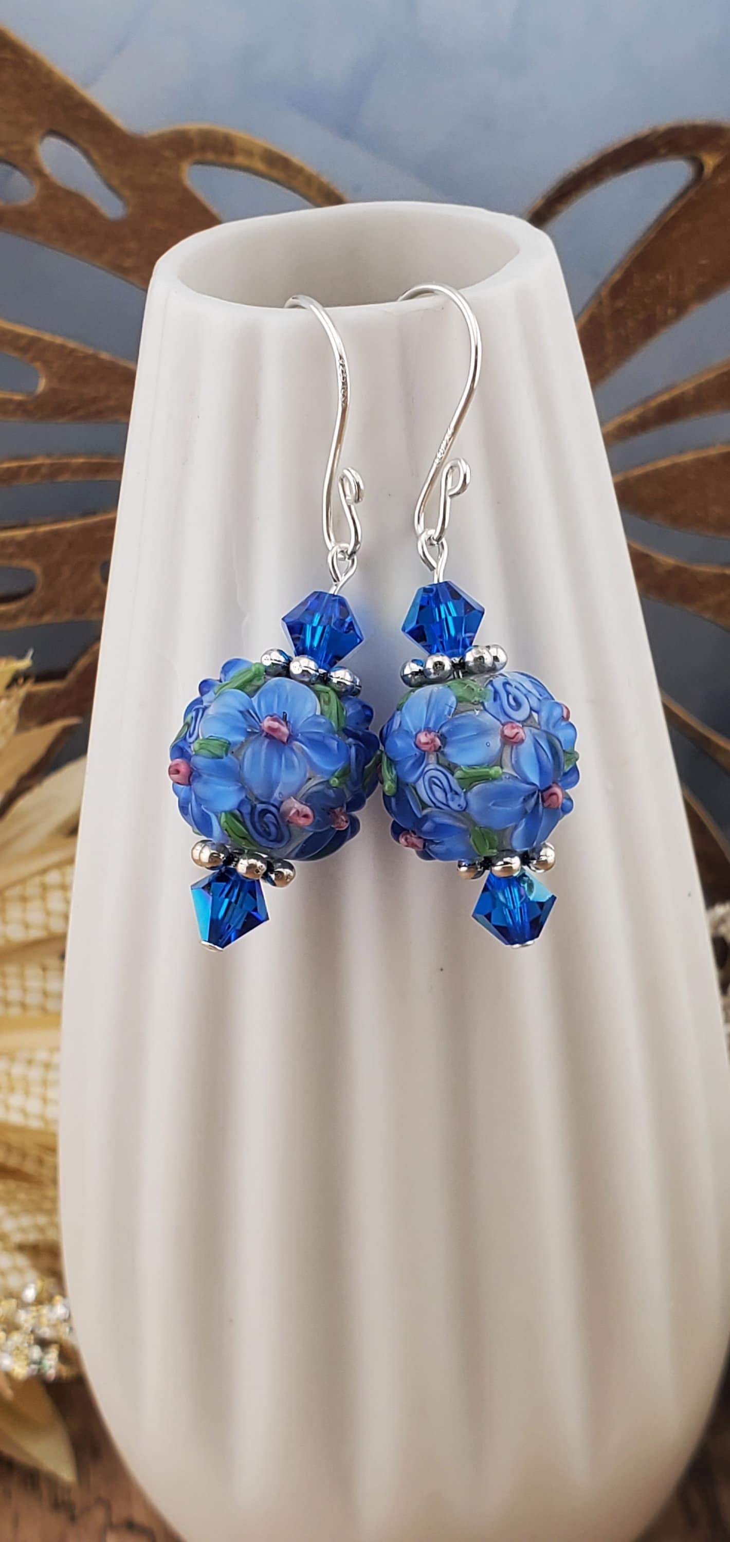 Blossom Bliss Artisan Glass Earrings, Lampwork Glass Bead handcrafted by a talented artisan, Silver Filled Earring Wire