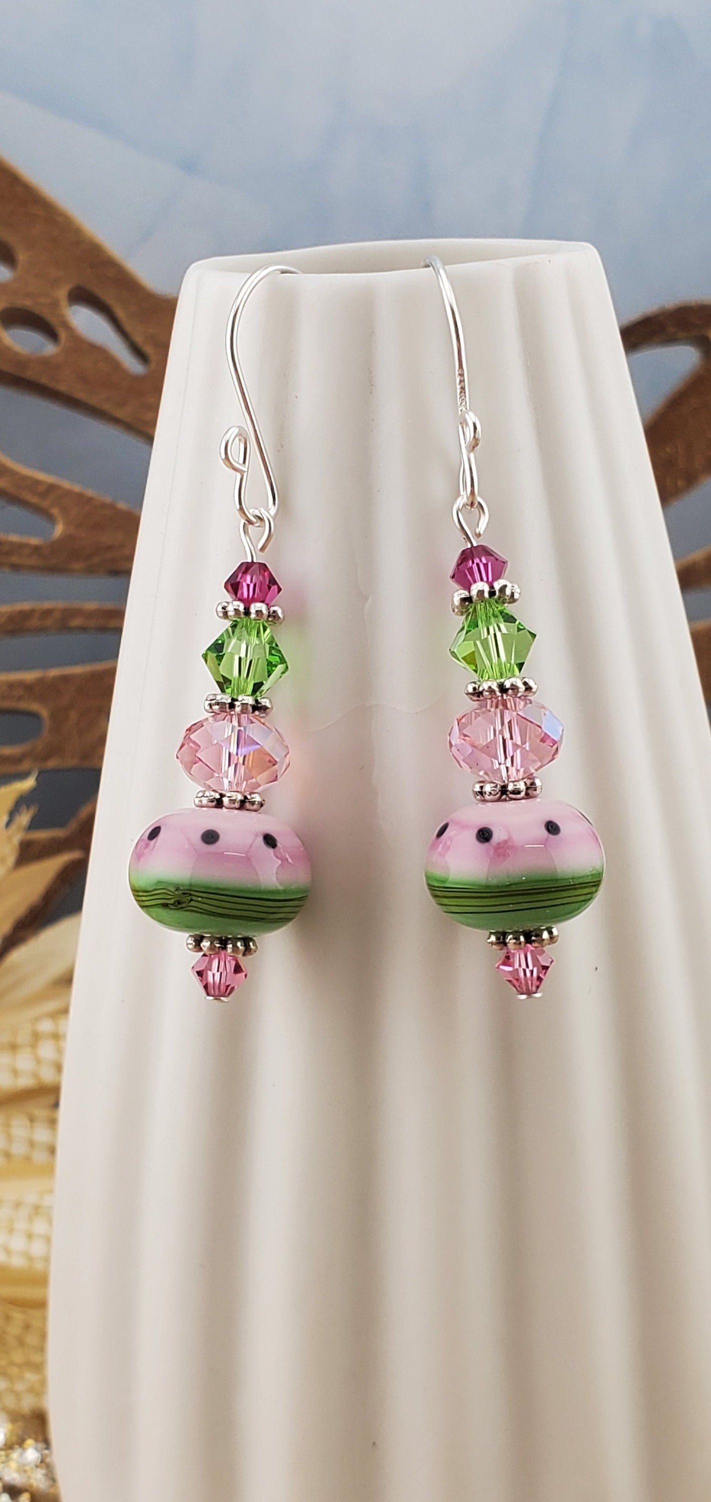 Watermelon Bliss Artisan Glass Earrings, Lampwork Glass Bead handcrafted by a talented artisan, Silver Filled Earring Wire