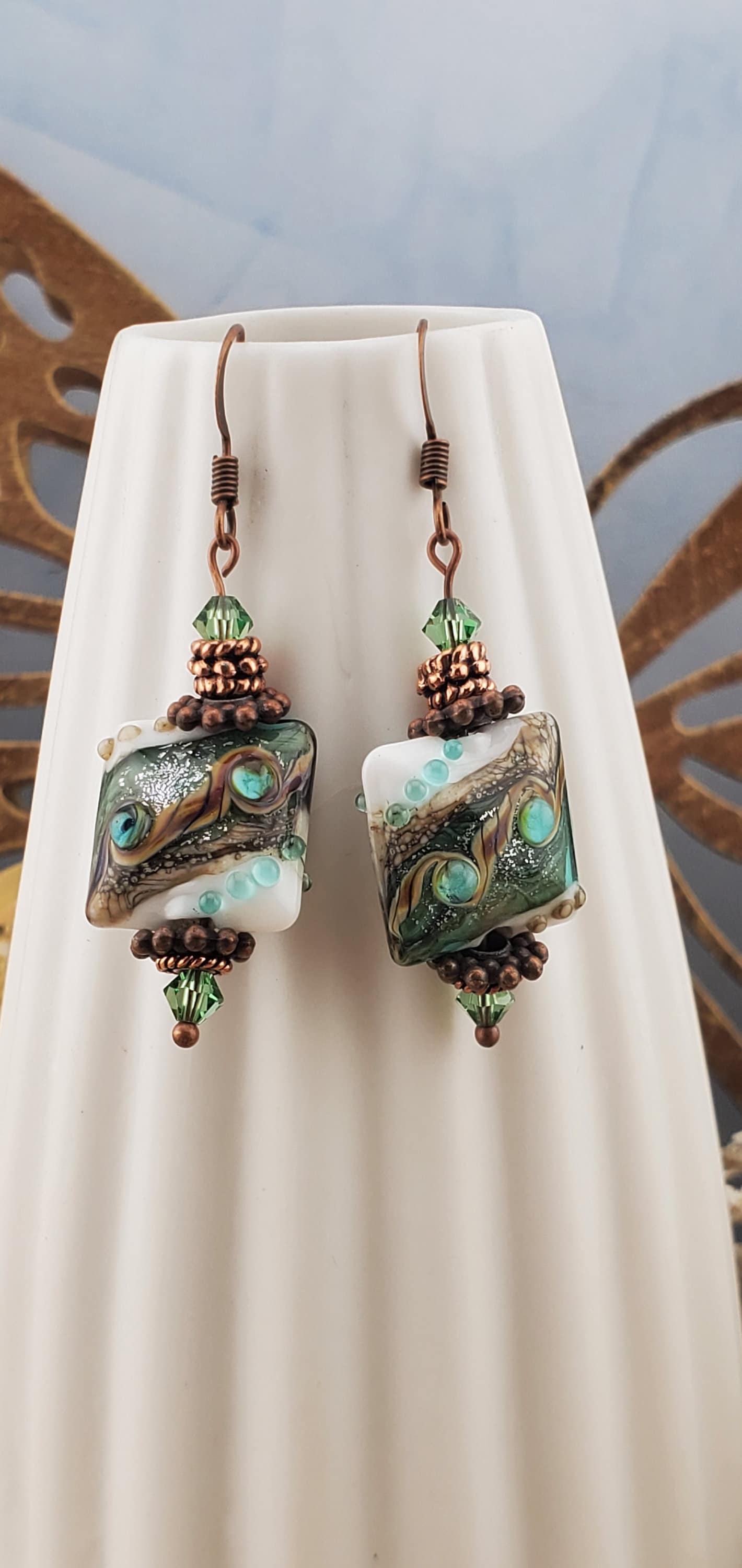 Coastal Charm Artisan Glass Earrings, Lampwork Glass Bead handcrafted by a talented artisan, Copper Earring Wire