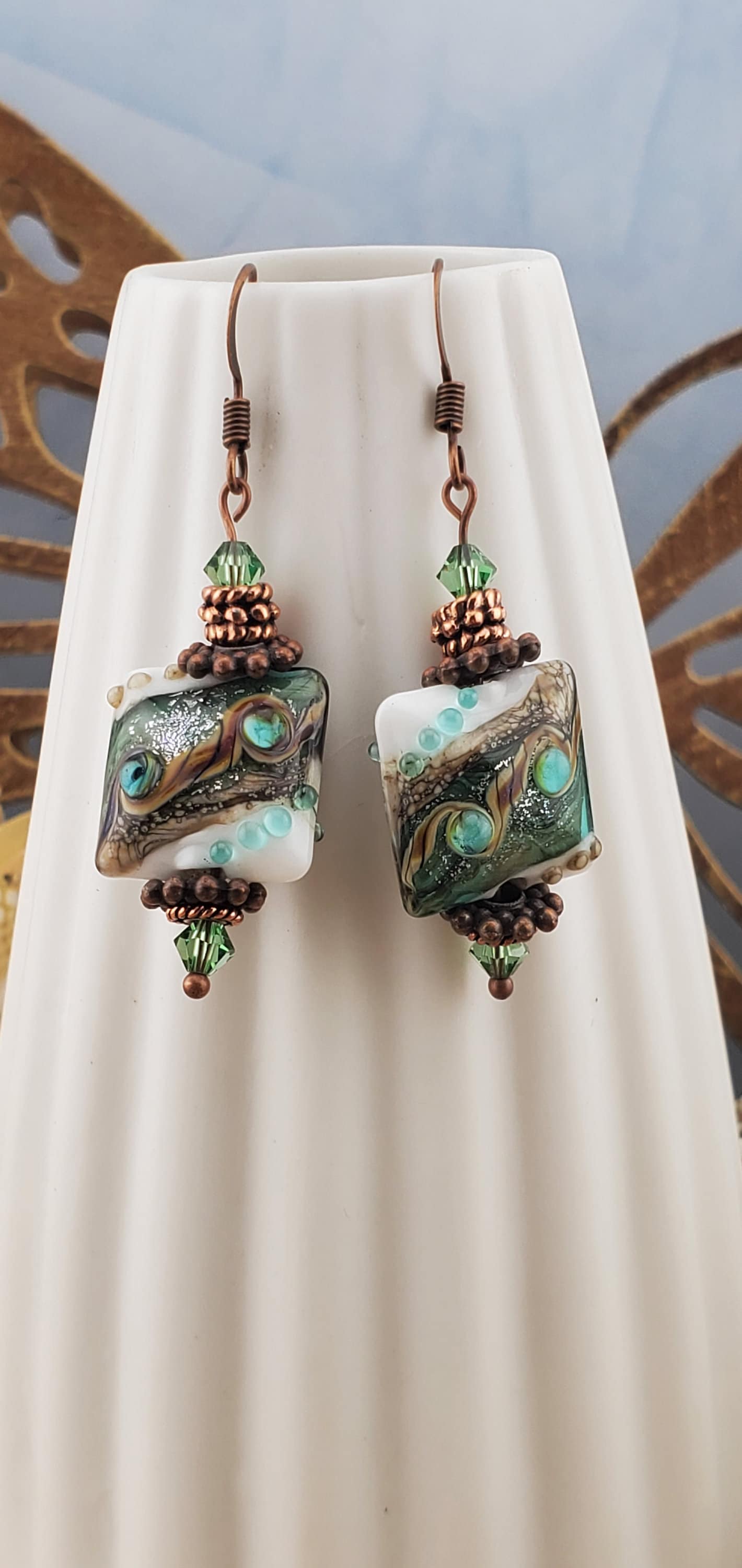 Coastal Charm Artisan Glass Earrings, Lampwork Glass Bead handcrafted by a talented artisan, Copper Earring Wire