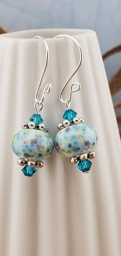 Magic Mosaics Artisan Glass Earrings, Lampwork Glass Bead handcrafted by a talented artisan, Silver Filled Earring Wire