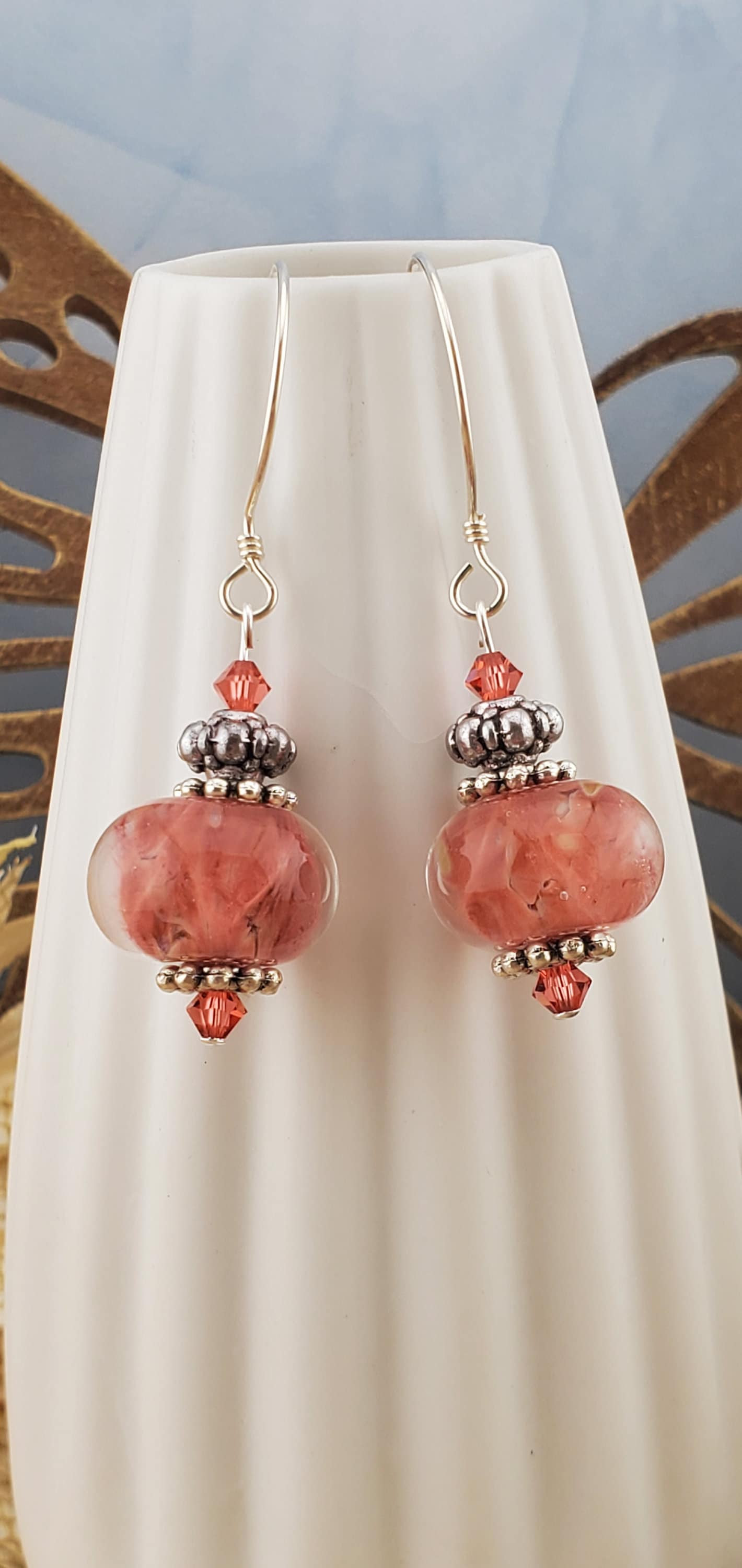 Coral Cloud Artisan Glass Earrings, Lampwork Glass Bead handcrafted by a talented artisan, Sterling Silver Earring Wire