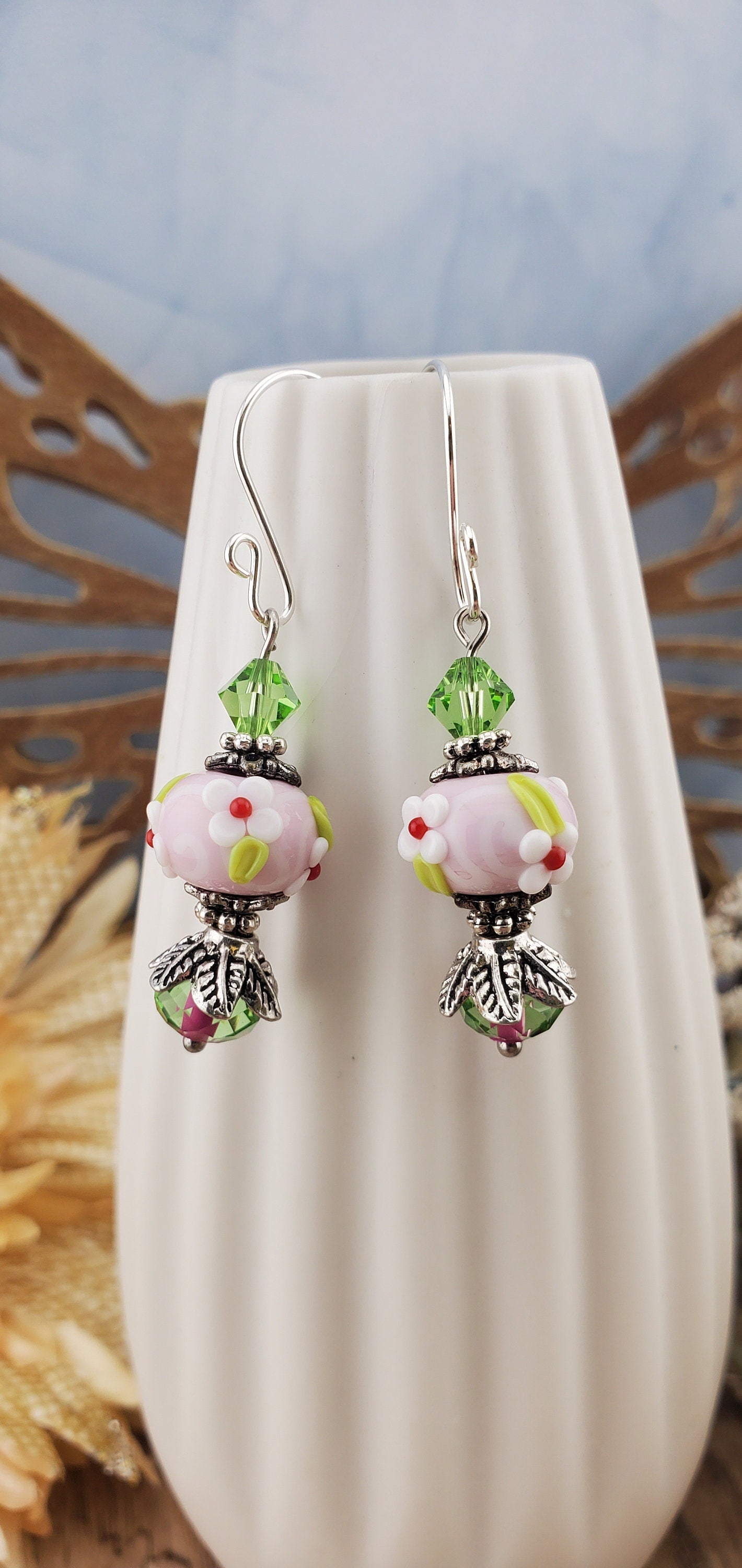 Rosey Glow Artisan Glass Earrings, Lampwork Glass Bead by a talented artisan, Silver Filled Earring Wire